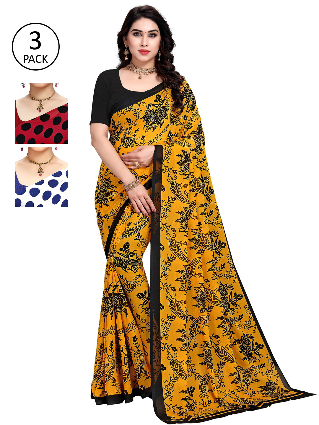 

KALINI Pack of 3 Printed Sarees, Black