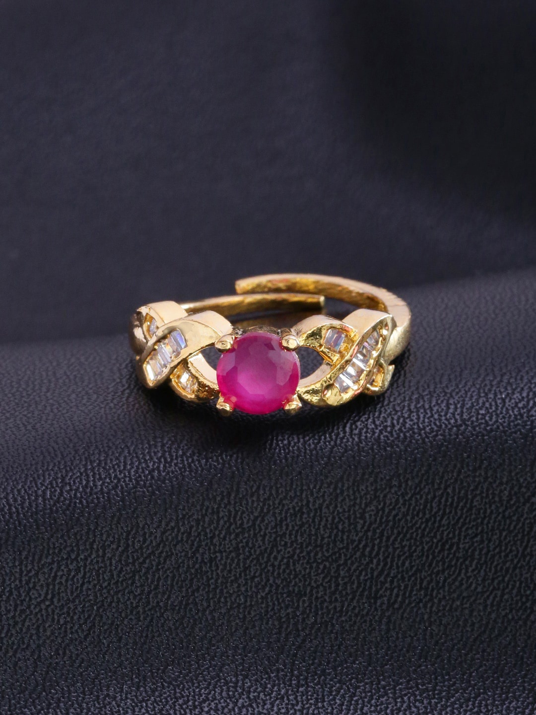 

Priyaasi Gold-Plated Pink American Diamond & Ruby-Studded Adjustable Finger Ring