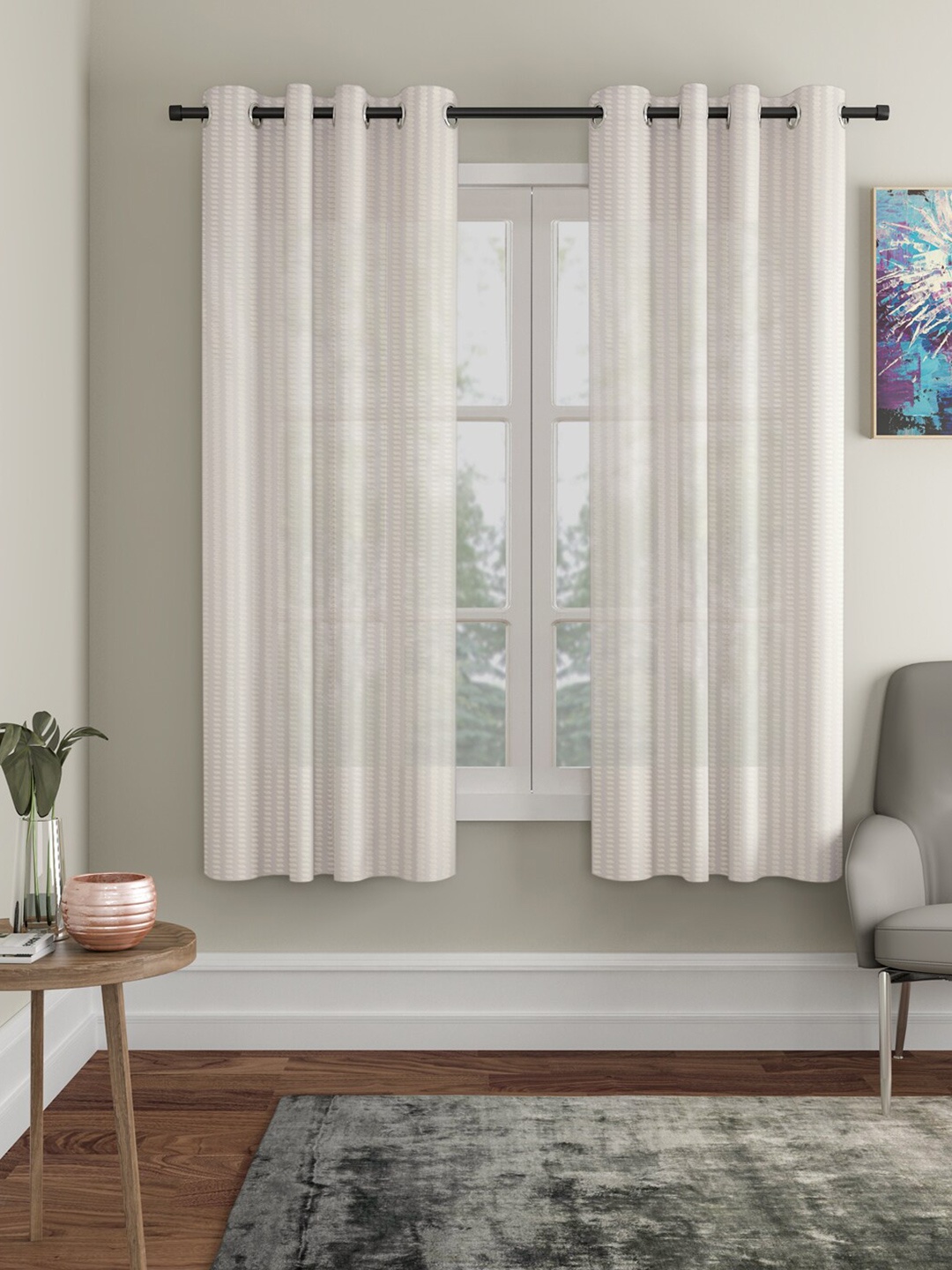 HOSTA HOMES Cream-Coloured & White Set of 2 Striped Window Curtain