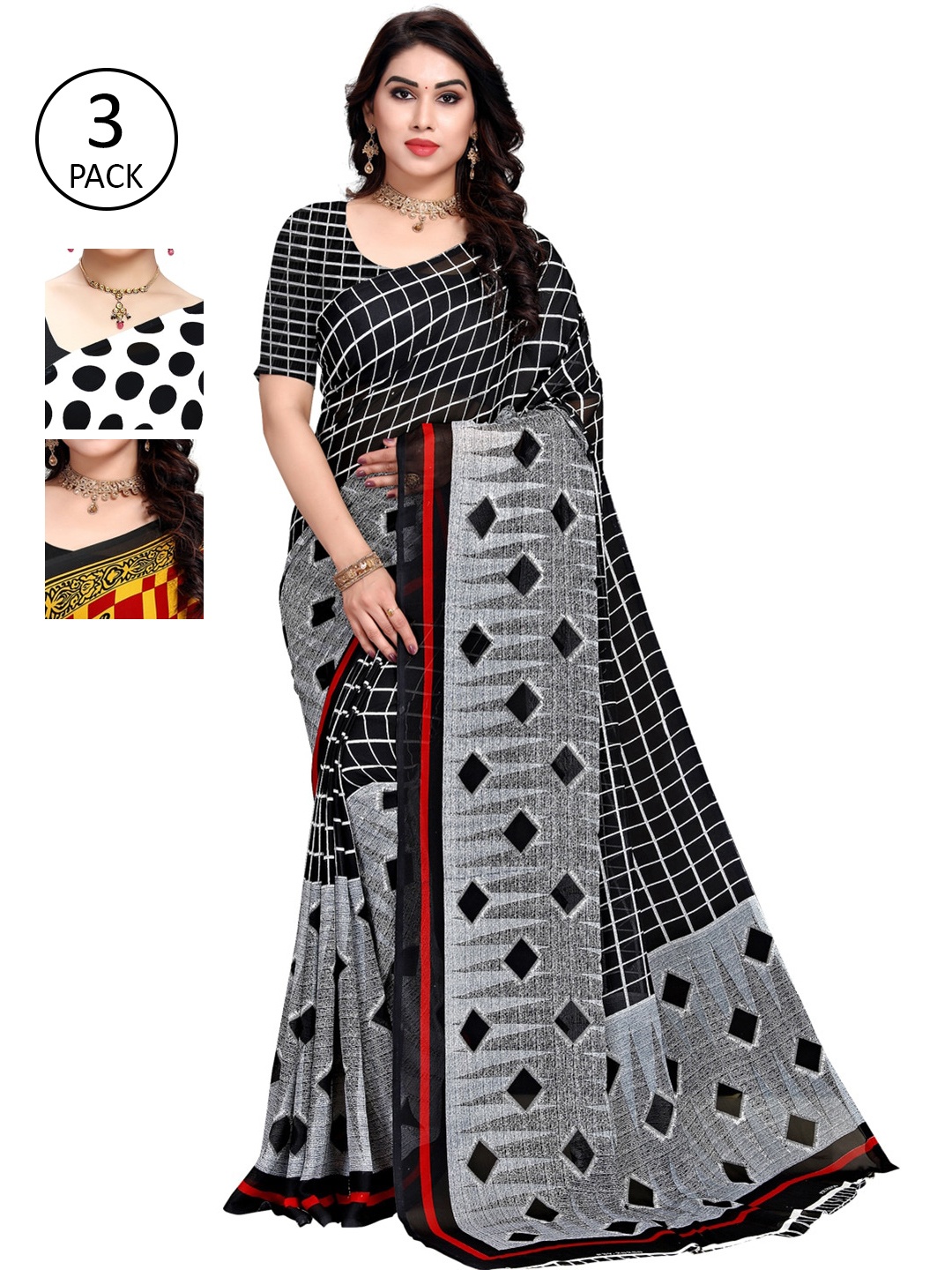 

KALINI Pack Of 3 Printed Poly Georgette Sarees, Black