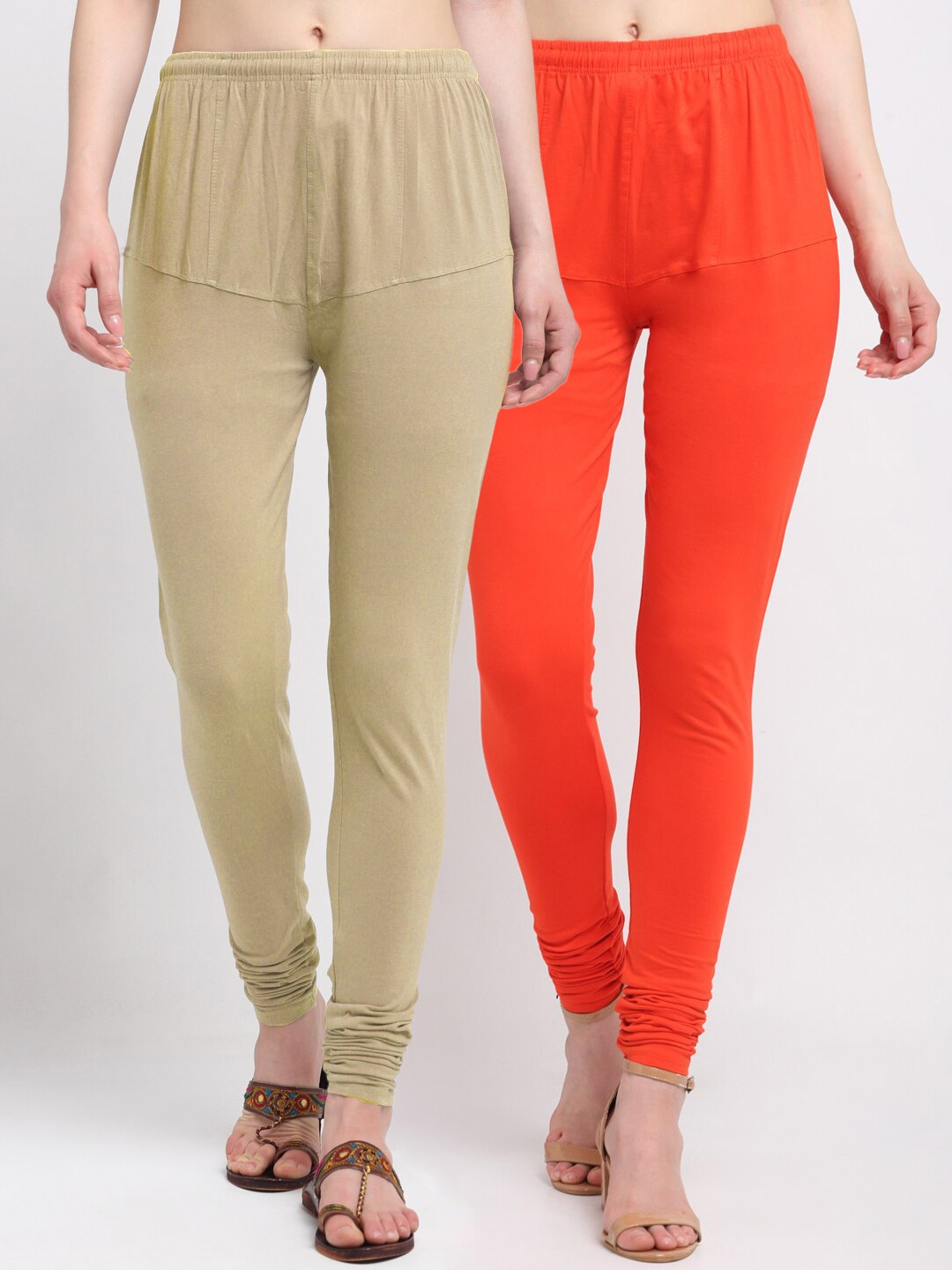 

KLOTTHE Women Pack Of 2 Solid Churidar-Length Cotton Leggings, Orange