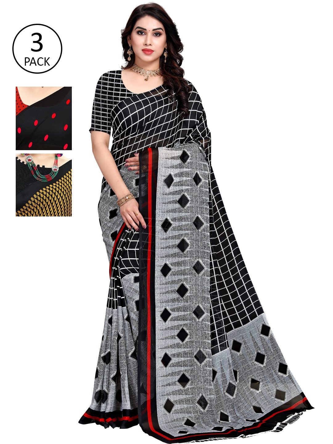 

KALINI Pack of 3 Printed Sarees, Red