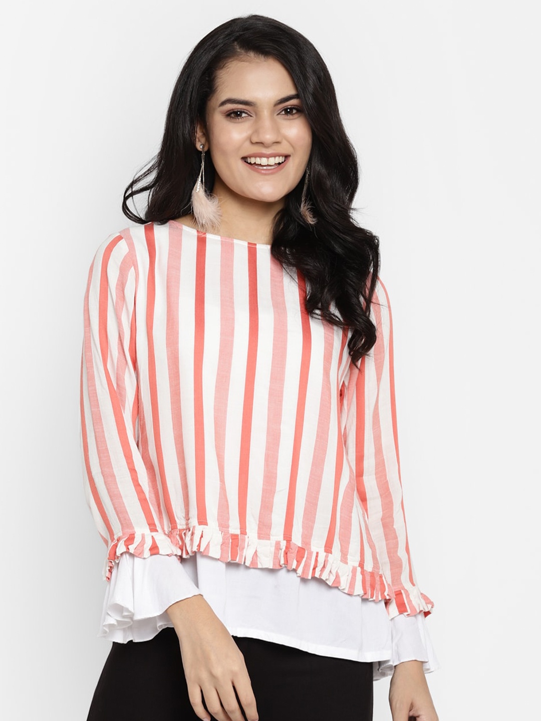 

DEEBACO Pink & White Striped Bell Sleeve Regular Top