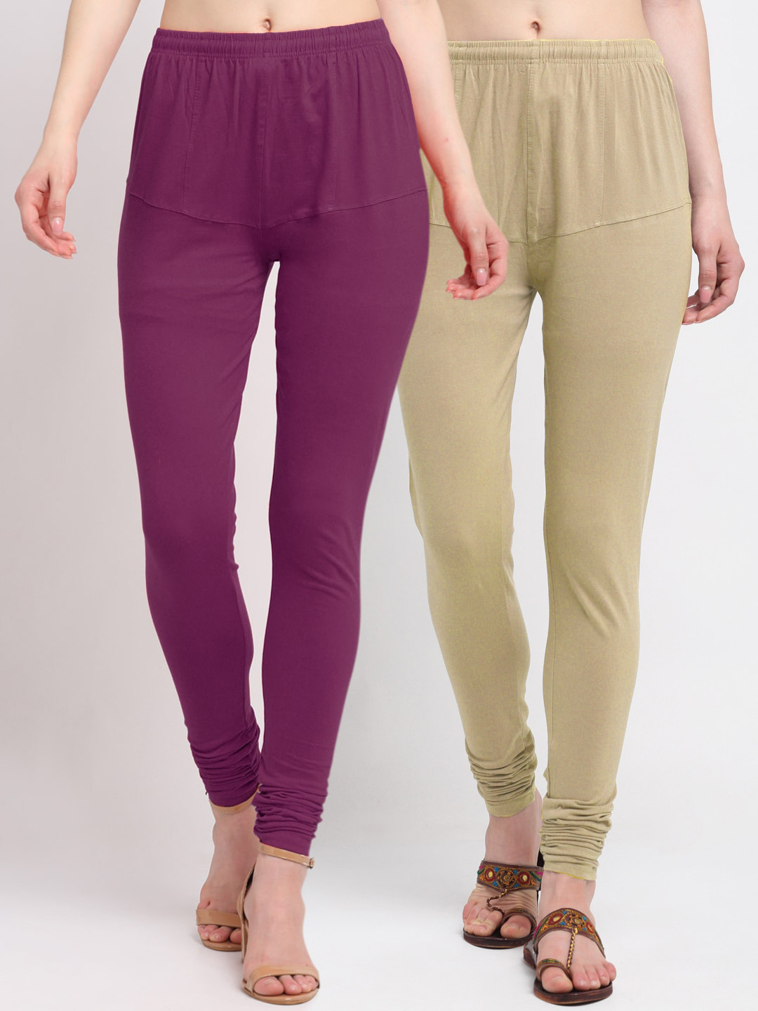 

KLOTTHE Women Pack of 2 Purple & Beige Solid Cotton Churidar-Length Leggings