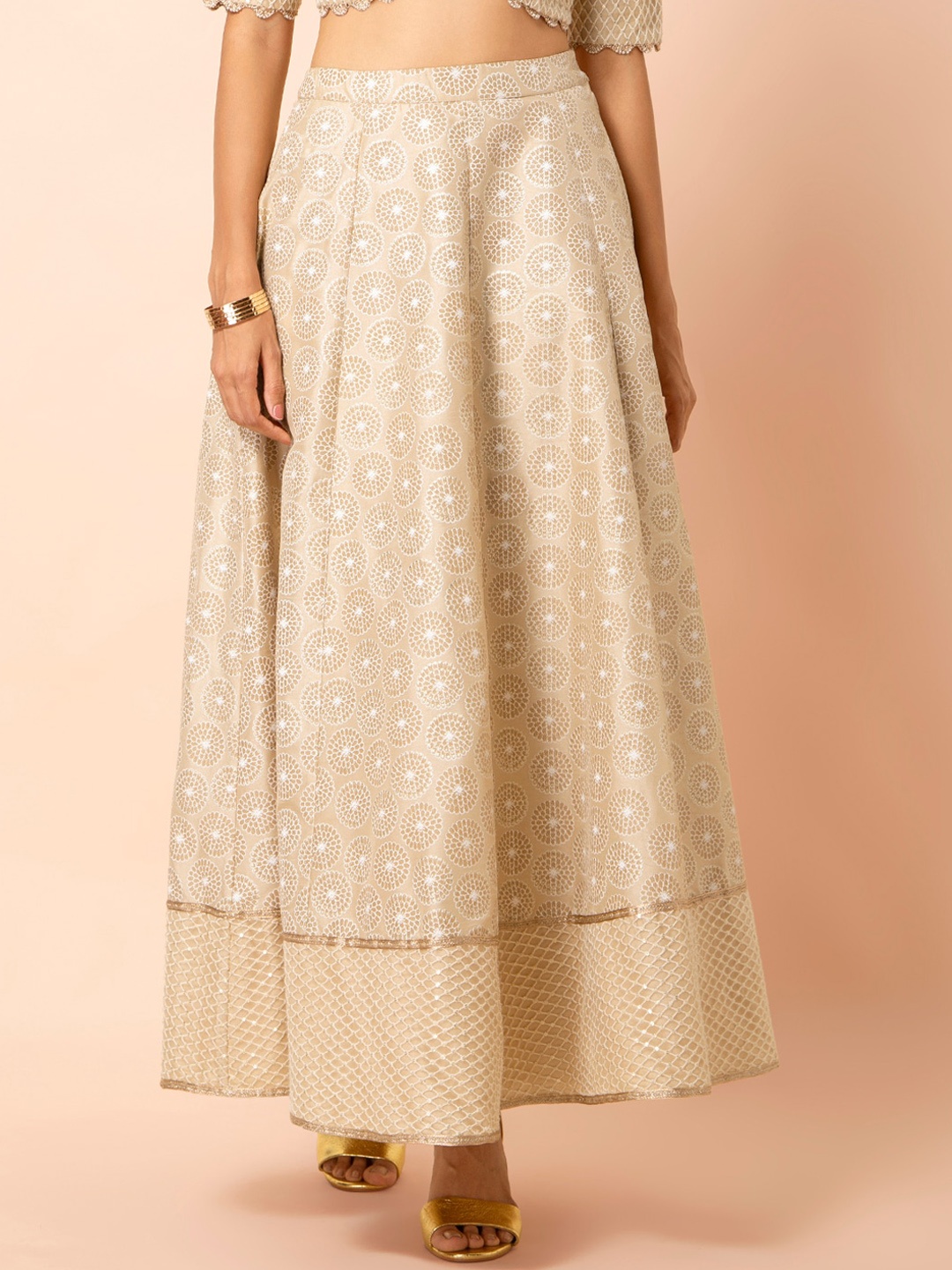 

INDYA Women Beige Printed Embroidered Border Maxi Skirt