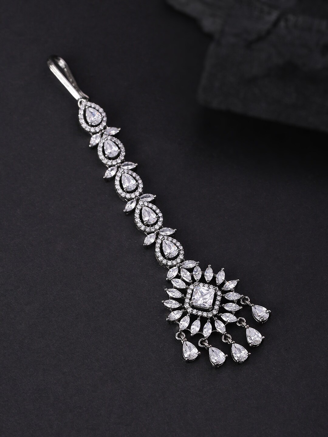 Priyaasi Silver-Plated & White AD-Studded Floral Maangtika