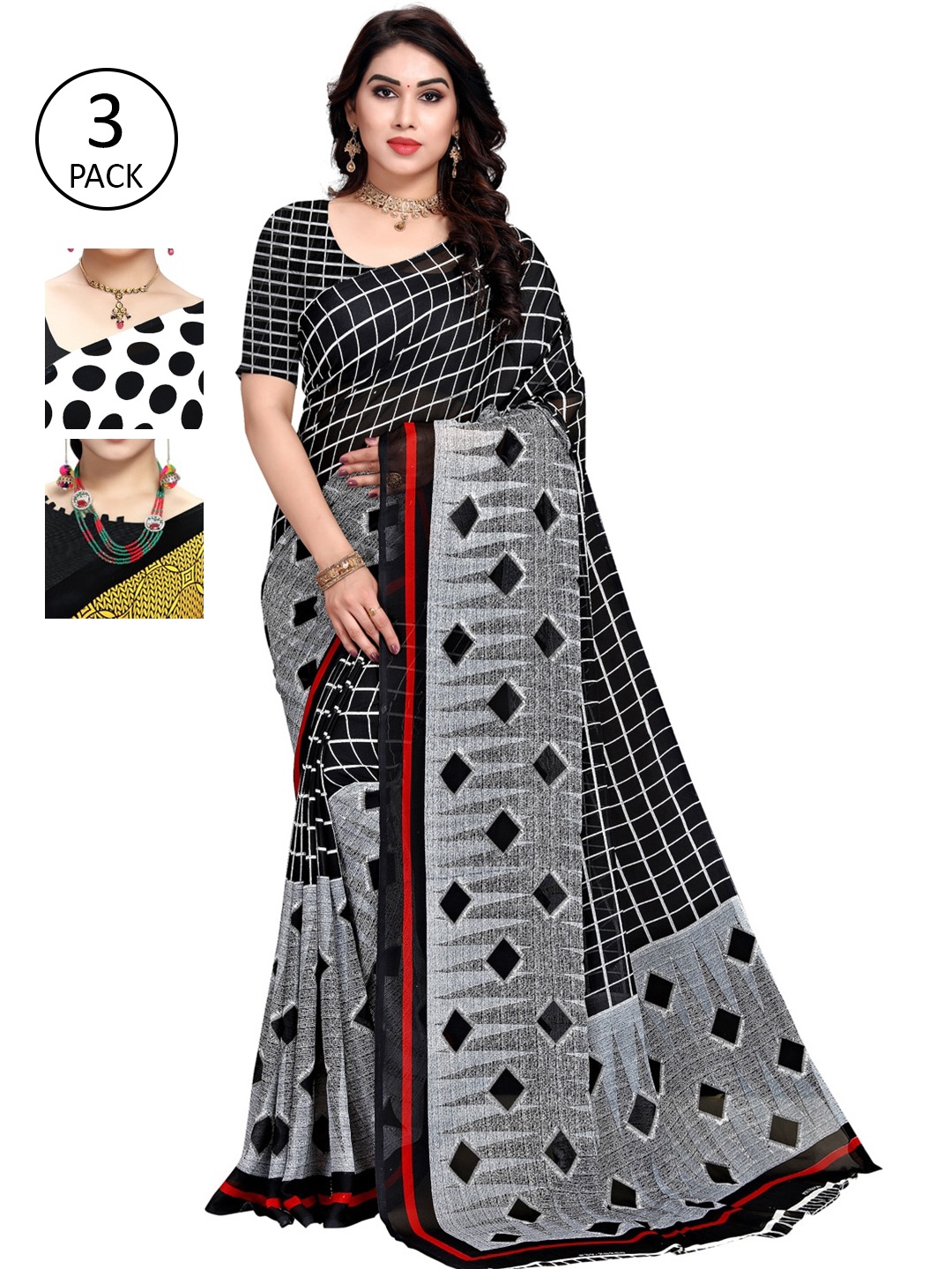 

KALINI Black & White Pack of 3 Printed Sarees