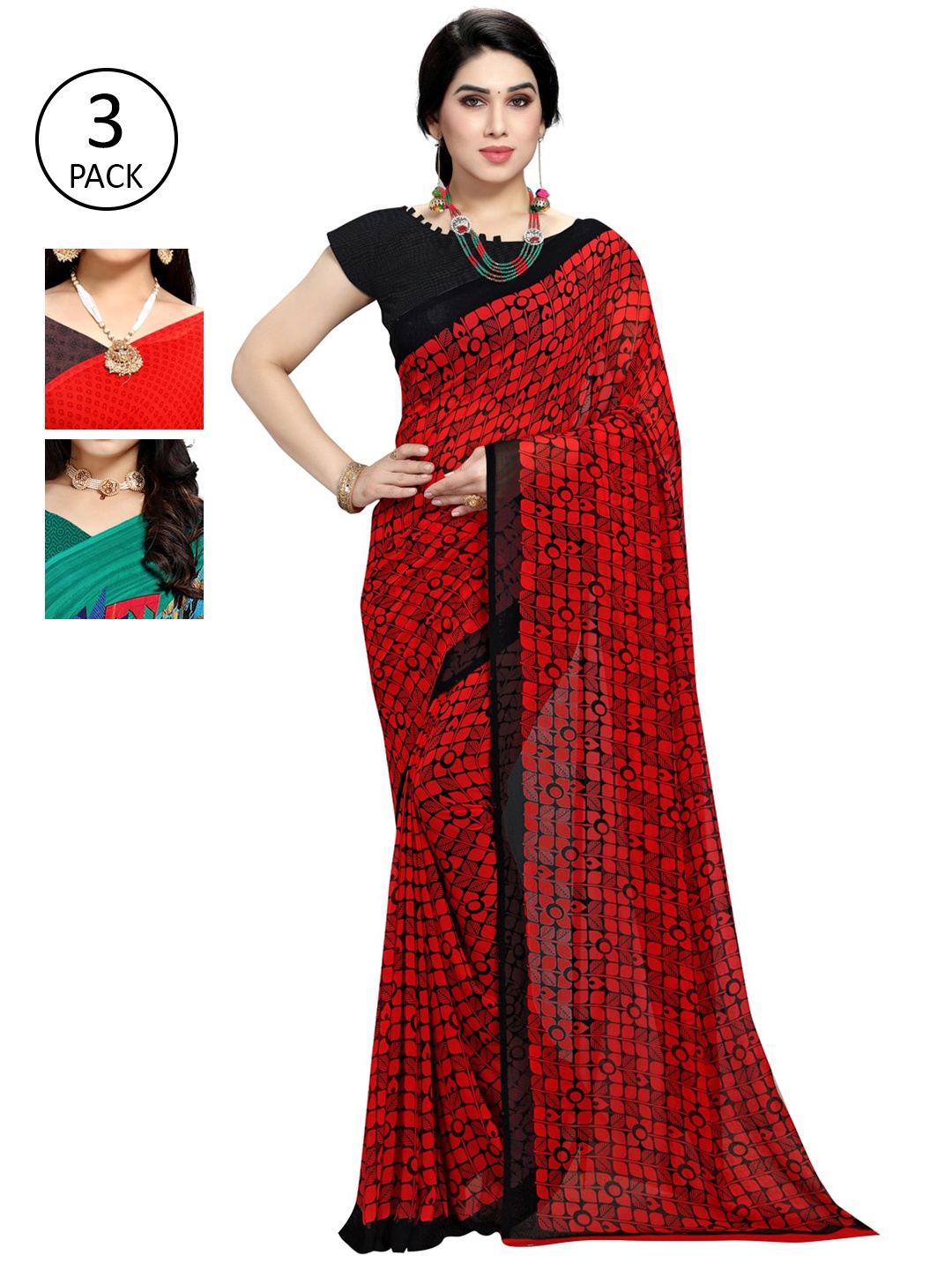 

KALINI Pack of 3 Poly Georgette Sarees, Red