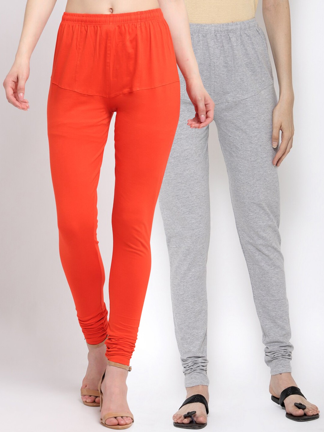 

KLOTTHE Women Pack Of 2 Orange & Grey Melange Cotton Churidar-Length Leggings