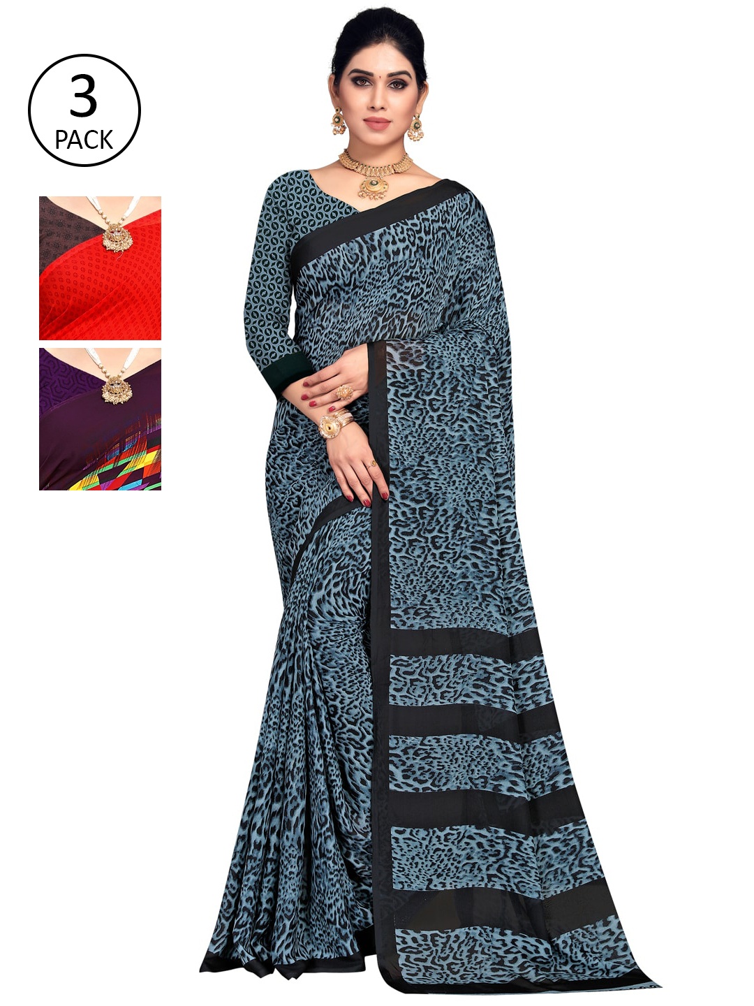 

KALINI Pack Of 3 Multicoloured Poly Georgette Sarees, Multi