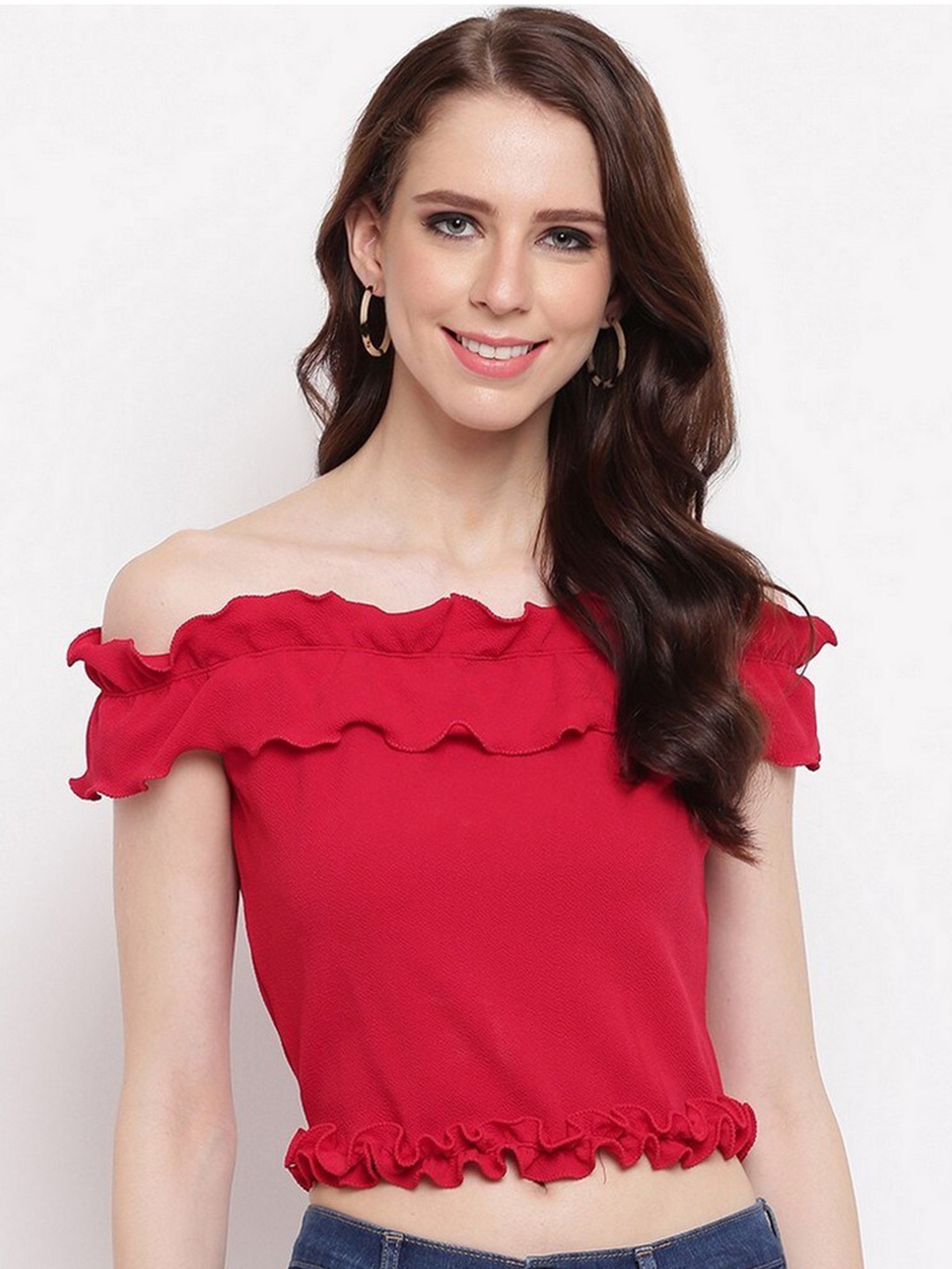 

RIVI Women Red Solid Off-Shoulder Flutter Sleeve Scuba Bardot Crop Top
