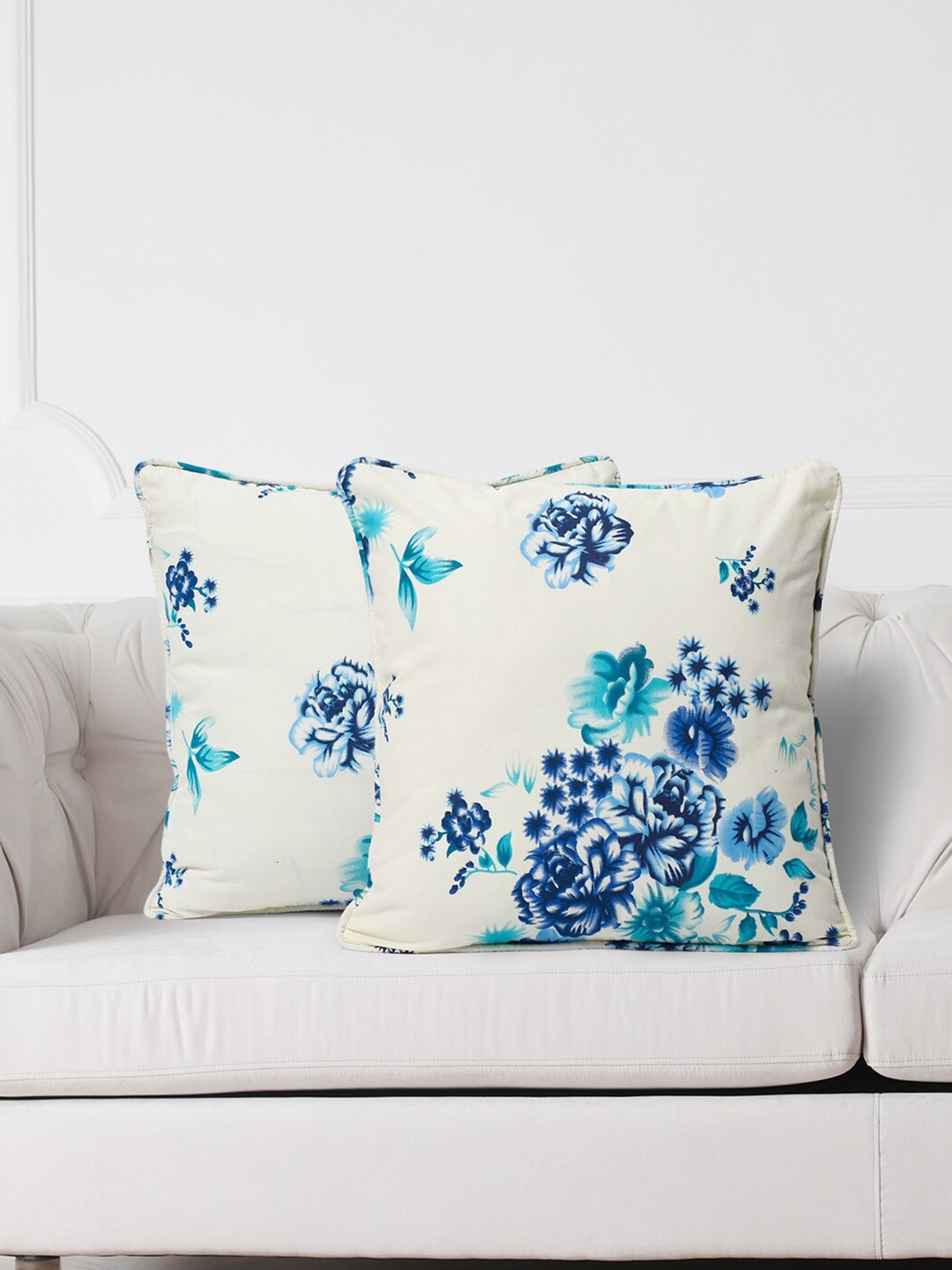 SWAYAM Off White & Blue Set of 2 Floral Square Cushion Covers