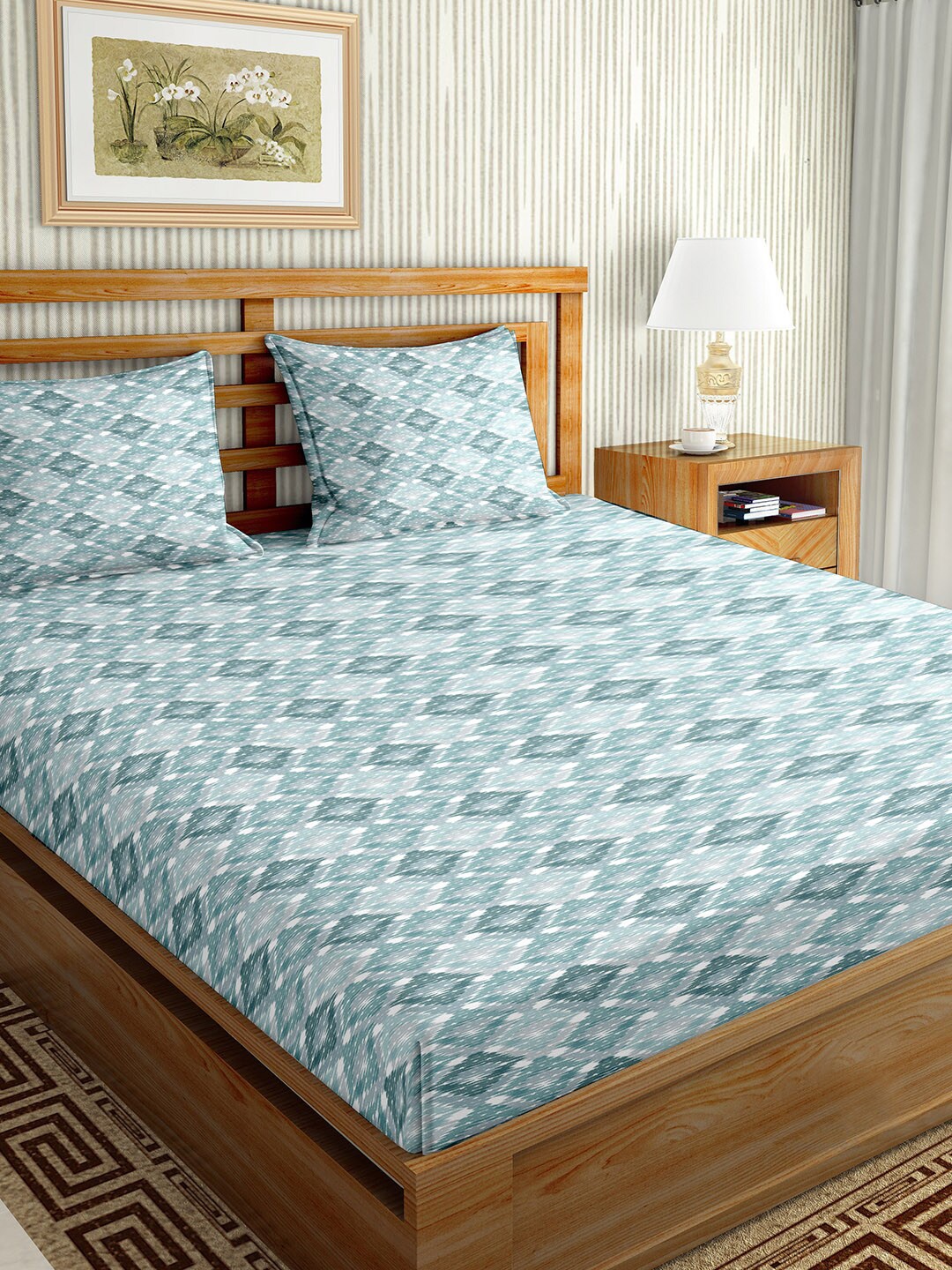 

BELLA CASA Blue & White Geometric 180 TC King Bedsheet with 2 Pillow Covers