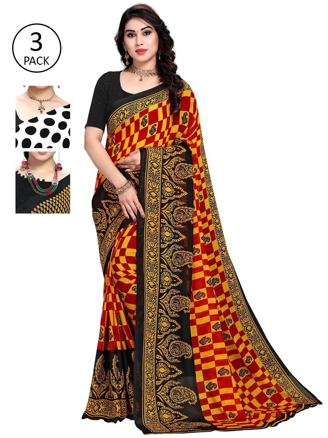 

KALINI Women Pack of 3 Multicolor Poly Georgette Printed Saree, Yellow
