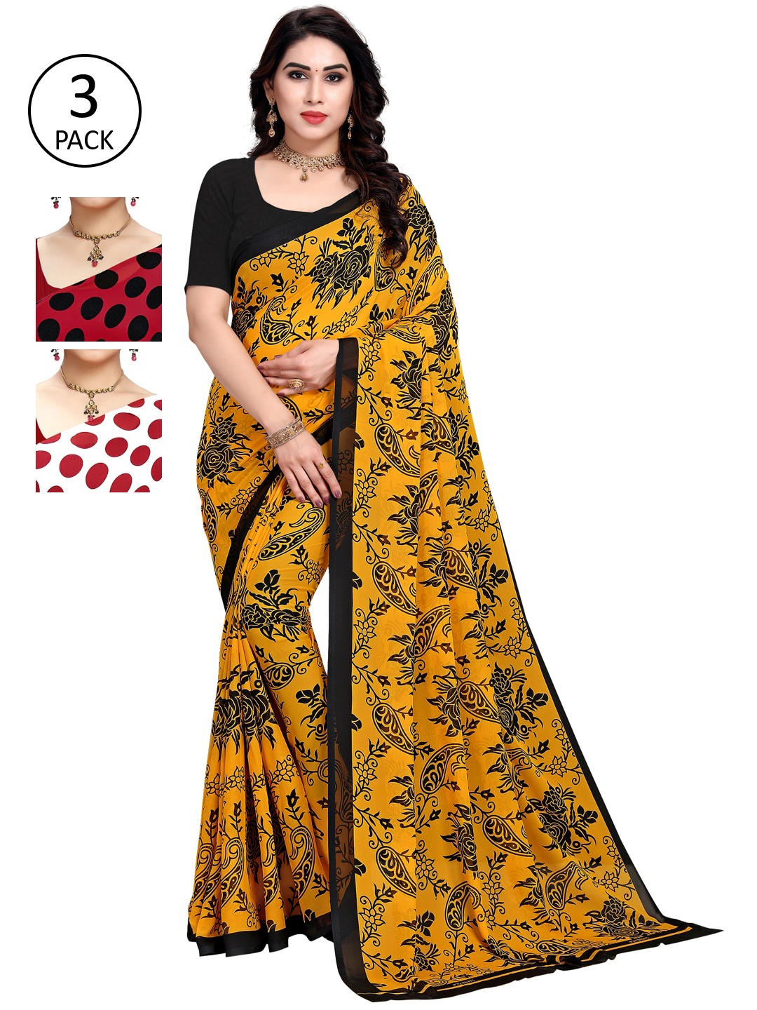 

KALINI Pack of 3 Printed Saree, Red