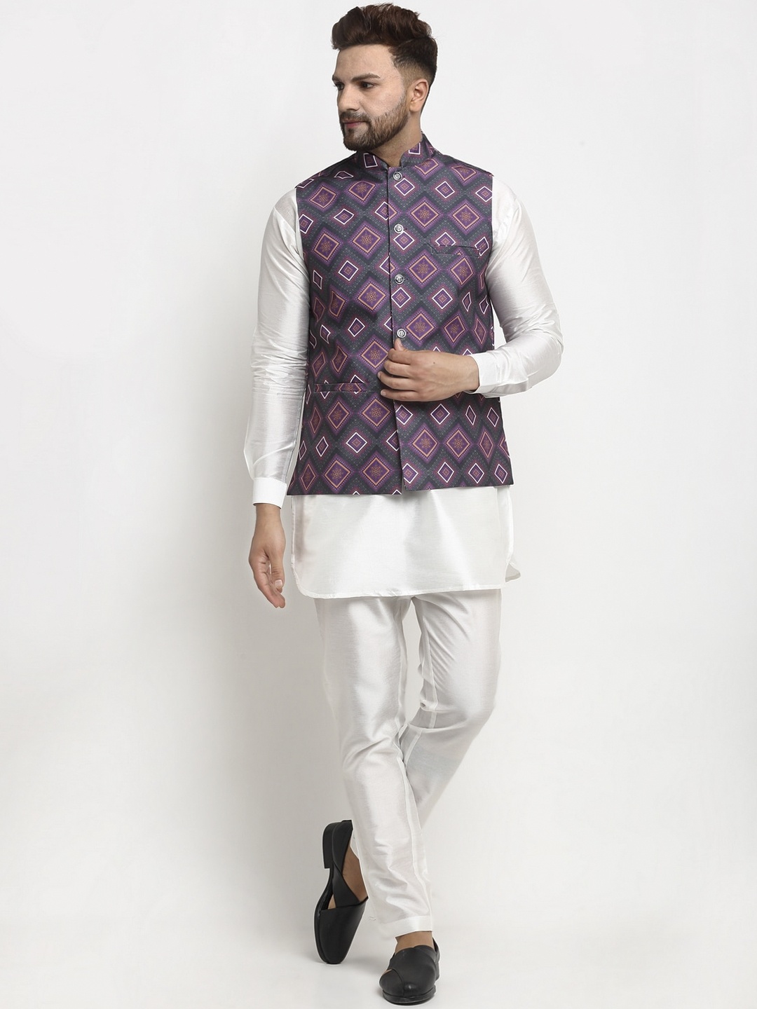 

Benstoke Men White Solid Dupion Silk Kurta with Pyjamas with nehru jacket