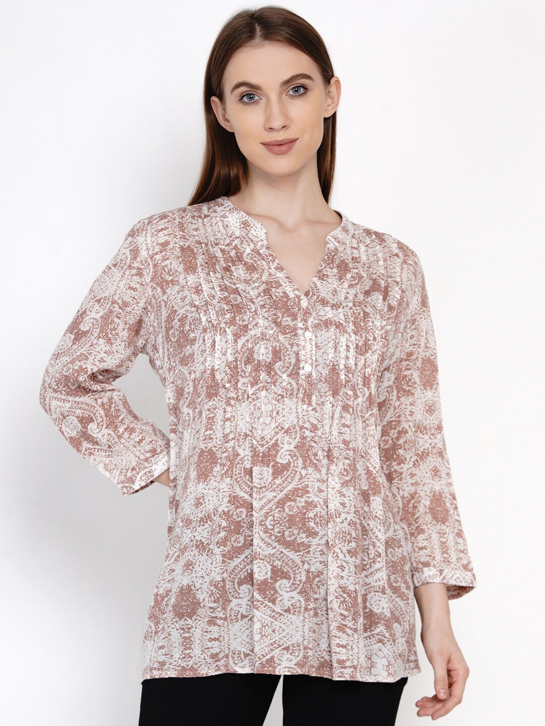 

IX IMPRESSION Brown & White Abstract Printed Mandarin Collar Regular Longline Top
