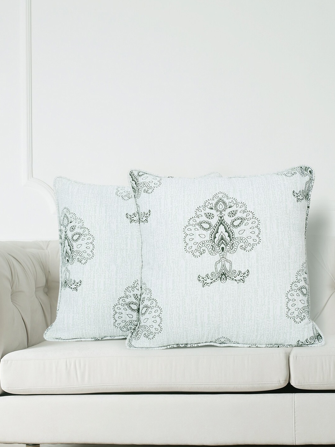 

SWAYAM White & Green Set of 2 Ethnic Motifs Square Cushion Covers