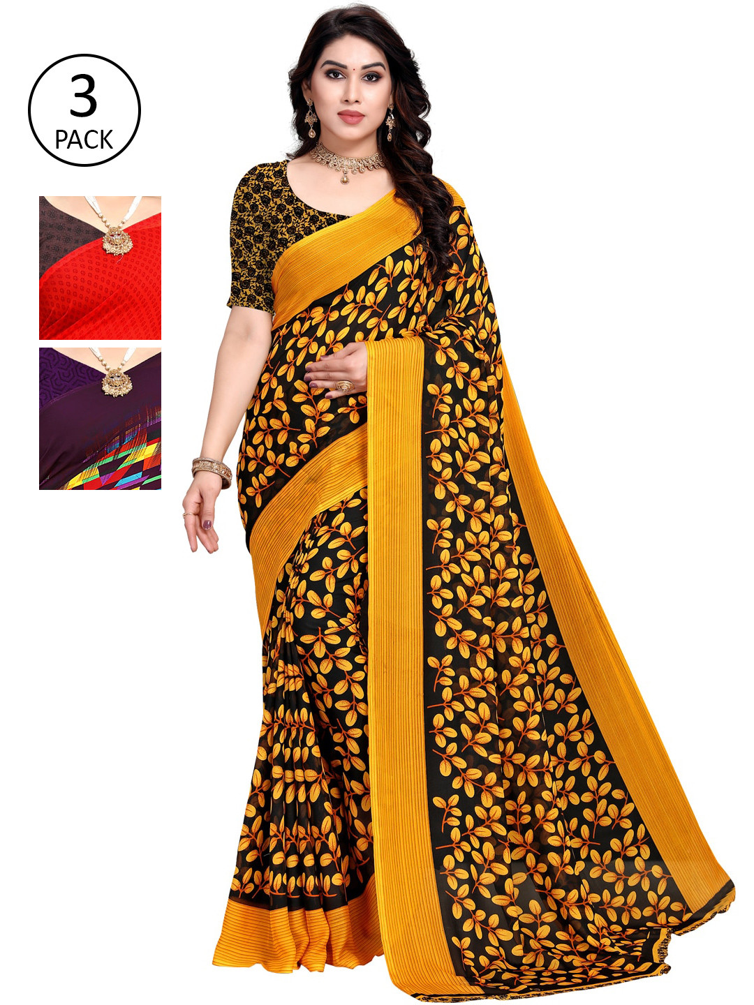 

KALINI Pack Of 3 Red & Yellow Saree