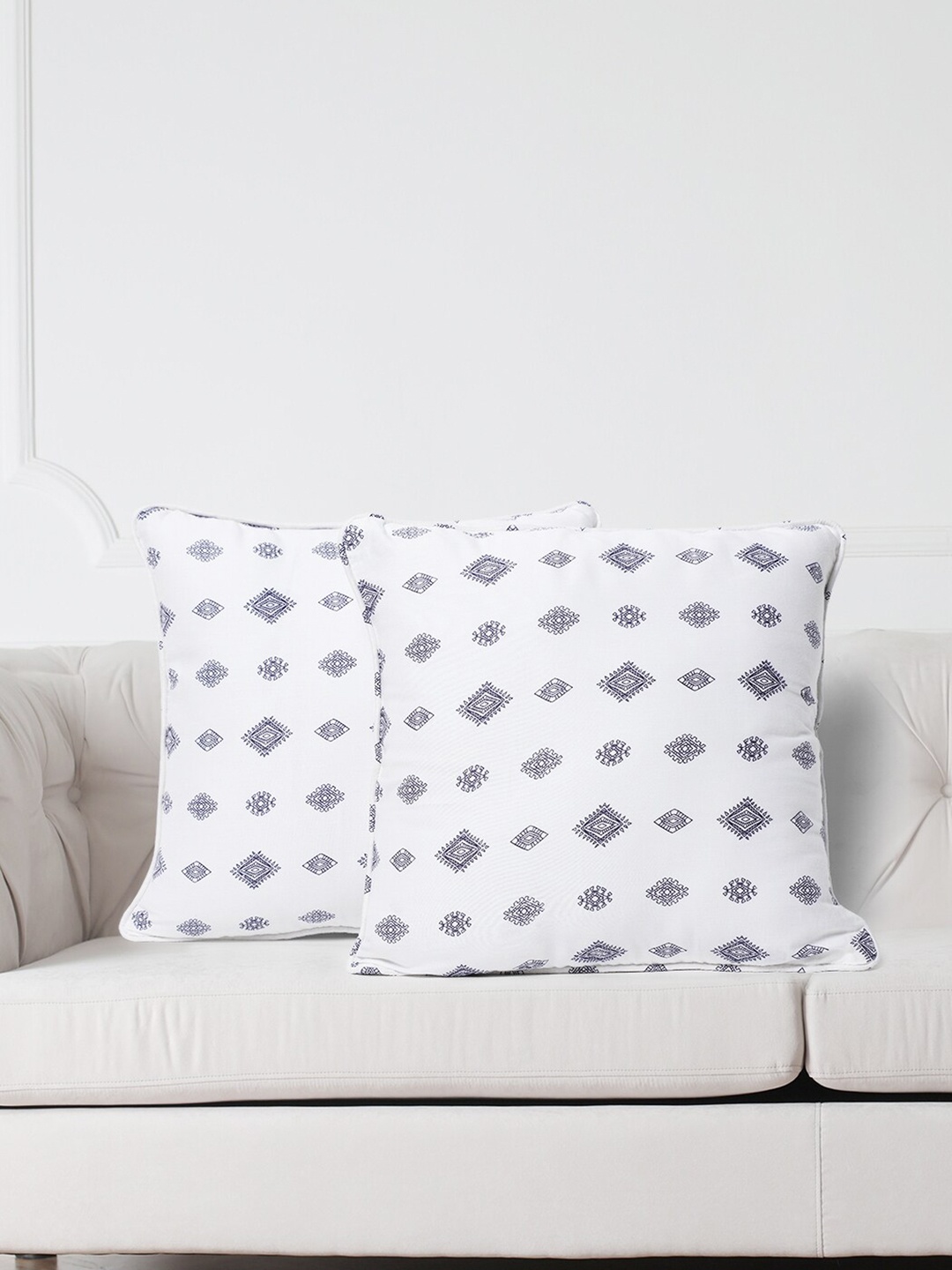 SWAYAM White & Blue Set of 2 Ethnic Motifs Square Cushion Covers