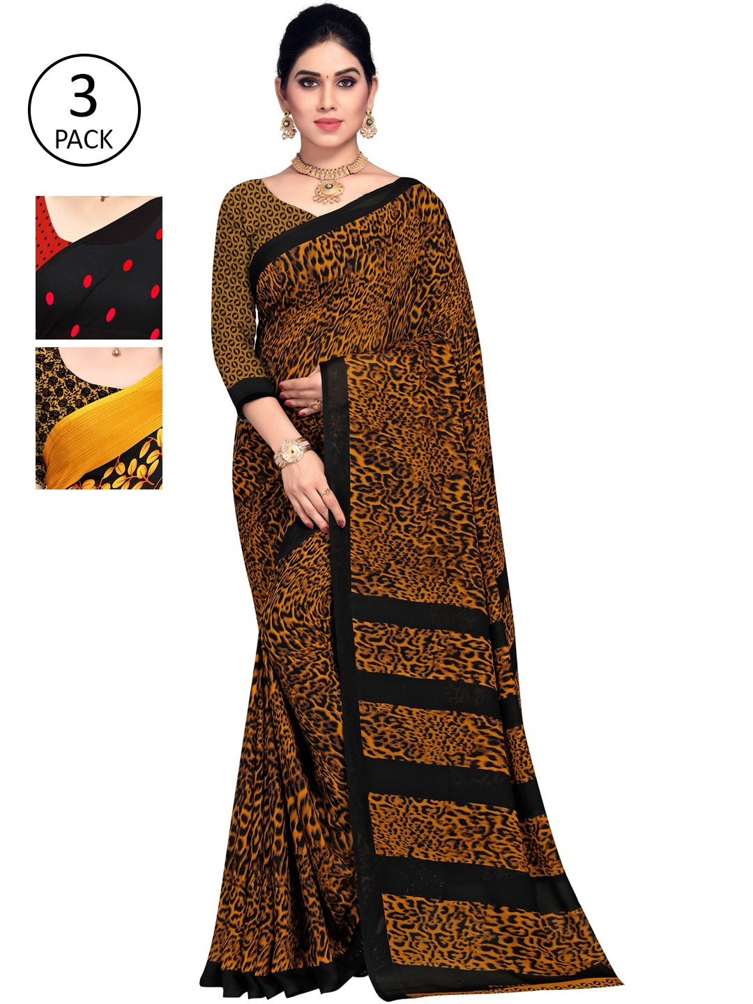 

KALINI Pack of 3 Printed Sarees, Red