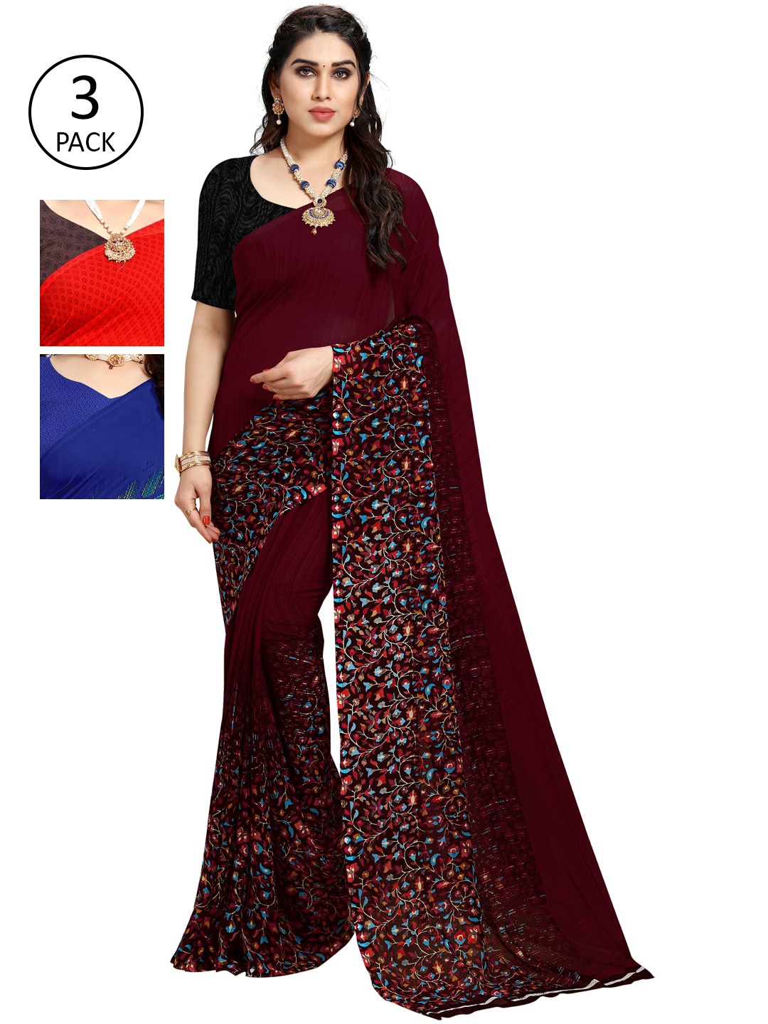 

KALINI Pack of 3 Poly Georgette Sarees, Red