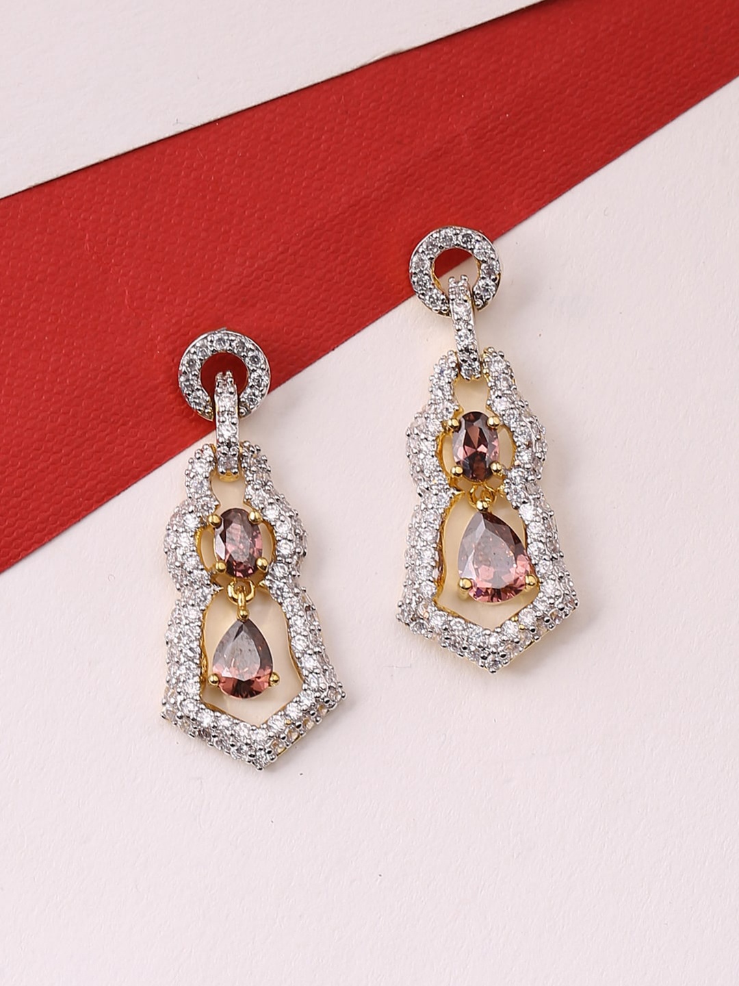 

Tistabene Gold- Plated & White Stones Studded Contemporary Drop Earrings