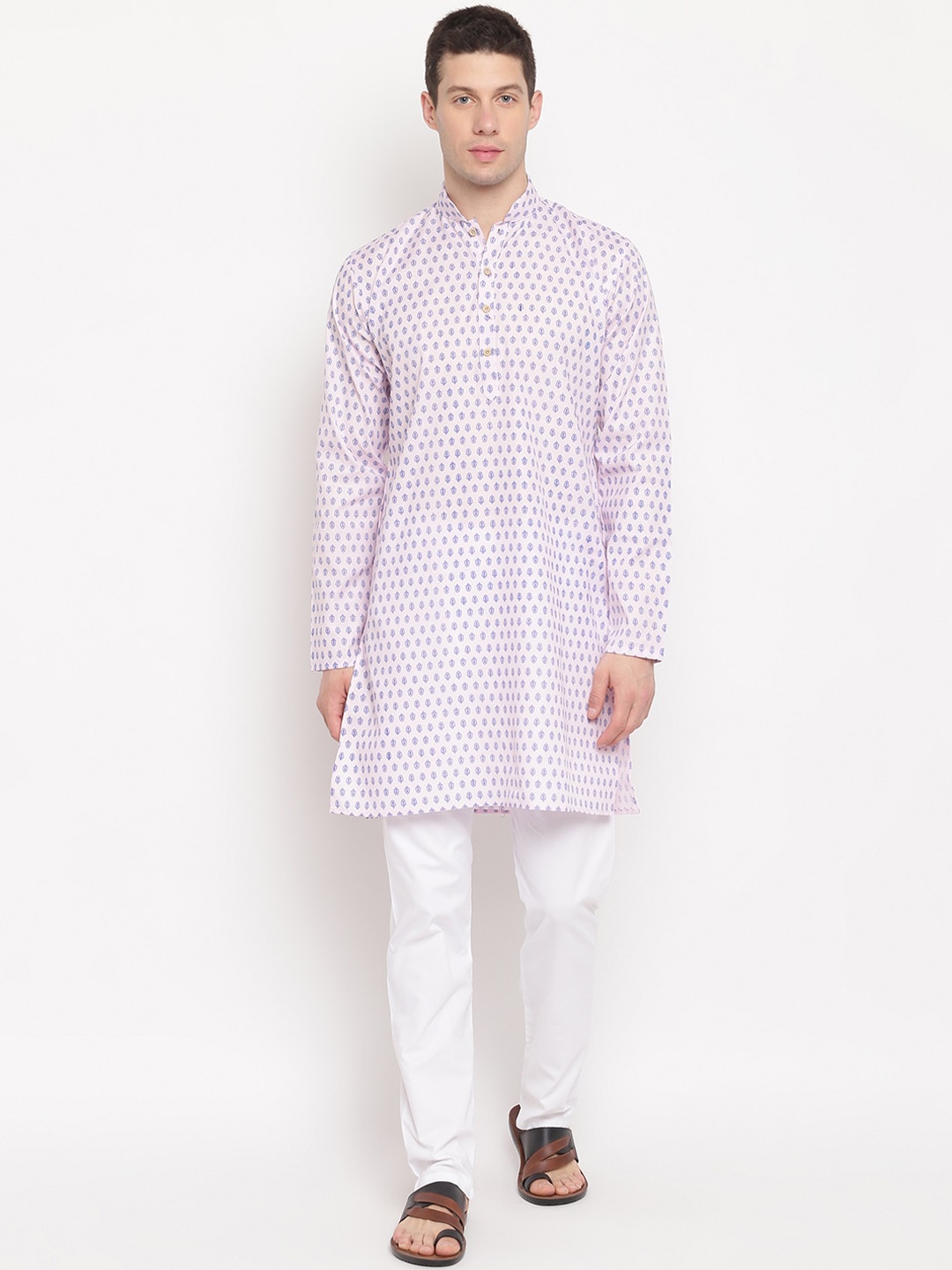 

Aj DEZInES Men Pink Ethnic Motifs Printed Pure Cotton Kurta with Pyjamas