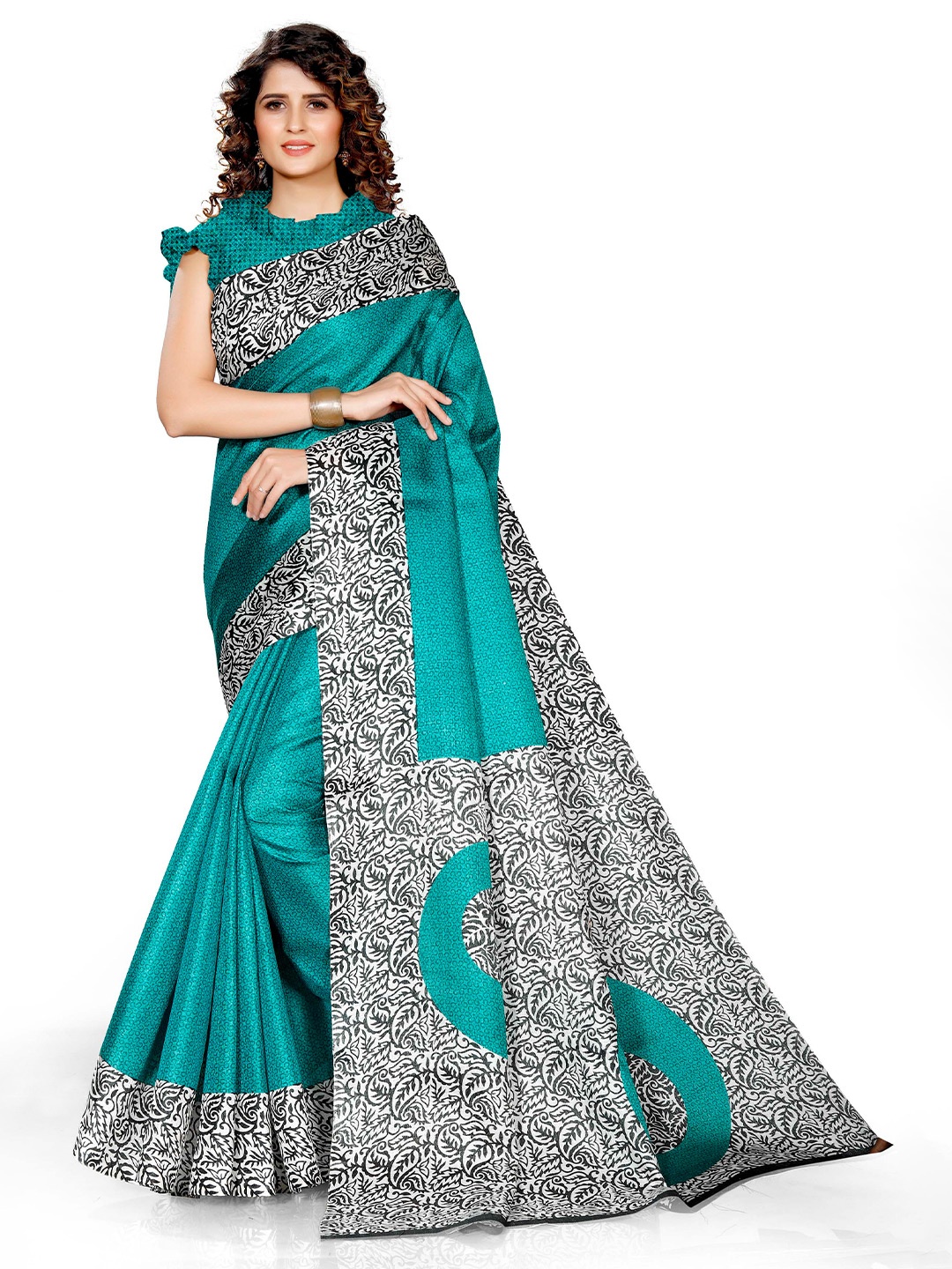 

KALINI Teal & White Abstract printed Art Silk Saree