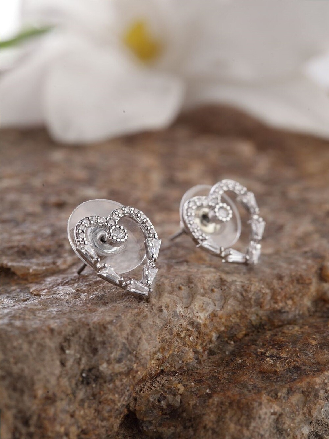 Priyaasi Women Silver-Toned Heart Shaped Studs Earrings