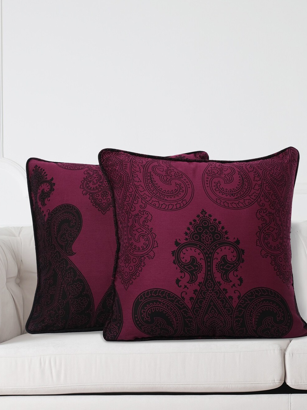 SWAYAM Maroon & Black Set of 2 Ethnic Motifs Square Cushion Covers