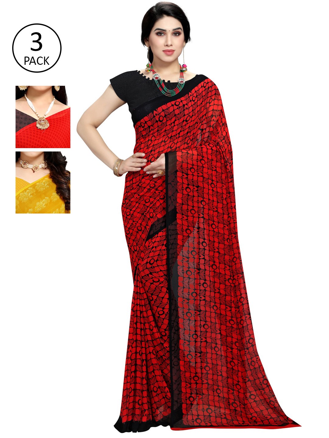 

KALINI Pack of 3 Poly Georgette Sarees, Yellow