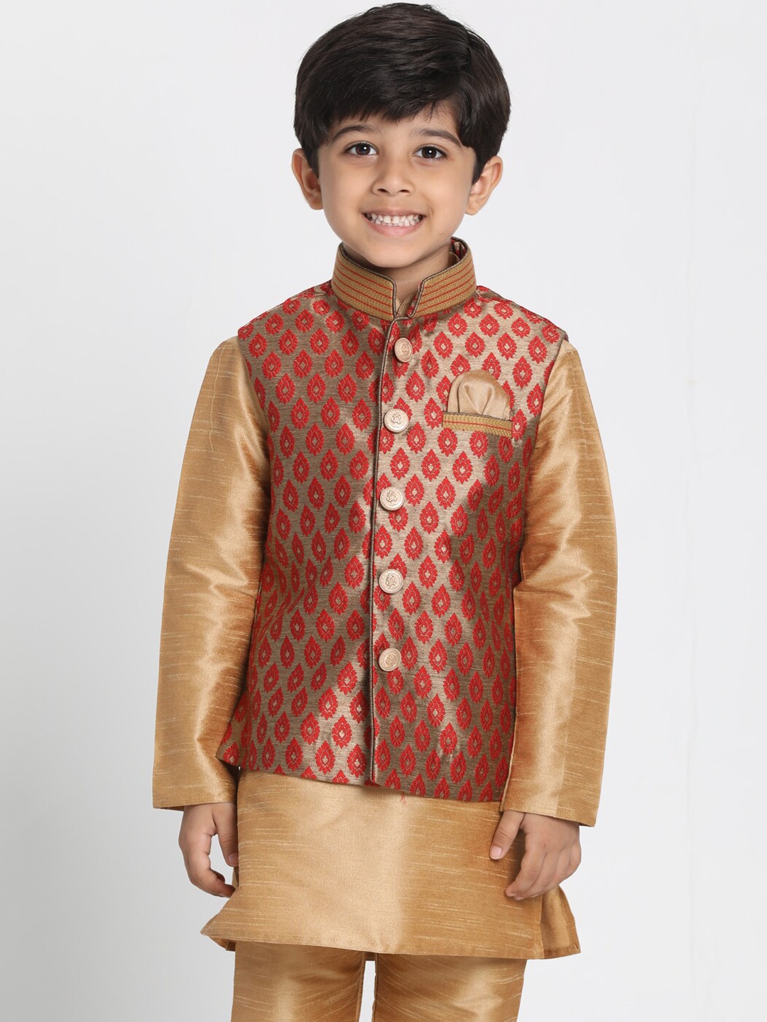 

VASTRAMAY Boys Maroon & Gold-Coloured Woven Design Slim-Fit Nehru Jacket