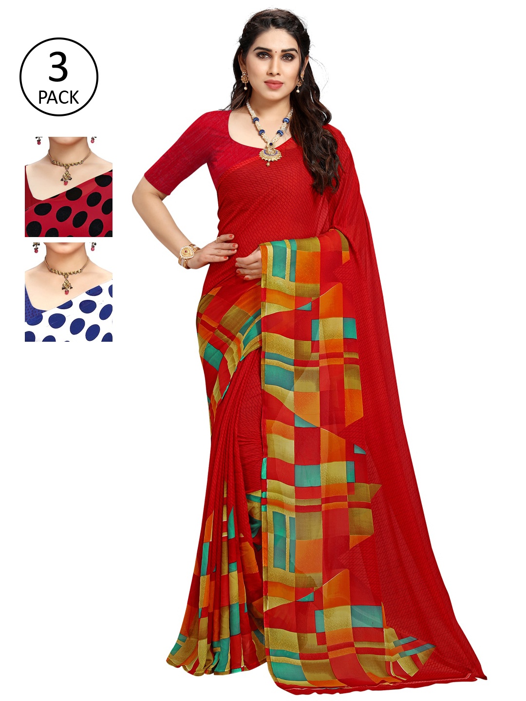 

KALINI Pack of 3 Printed Saree, Red