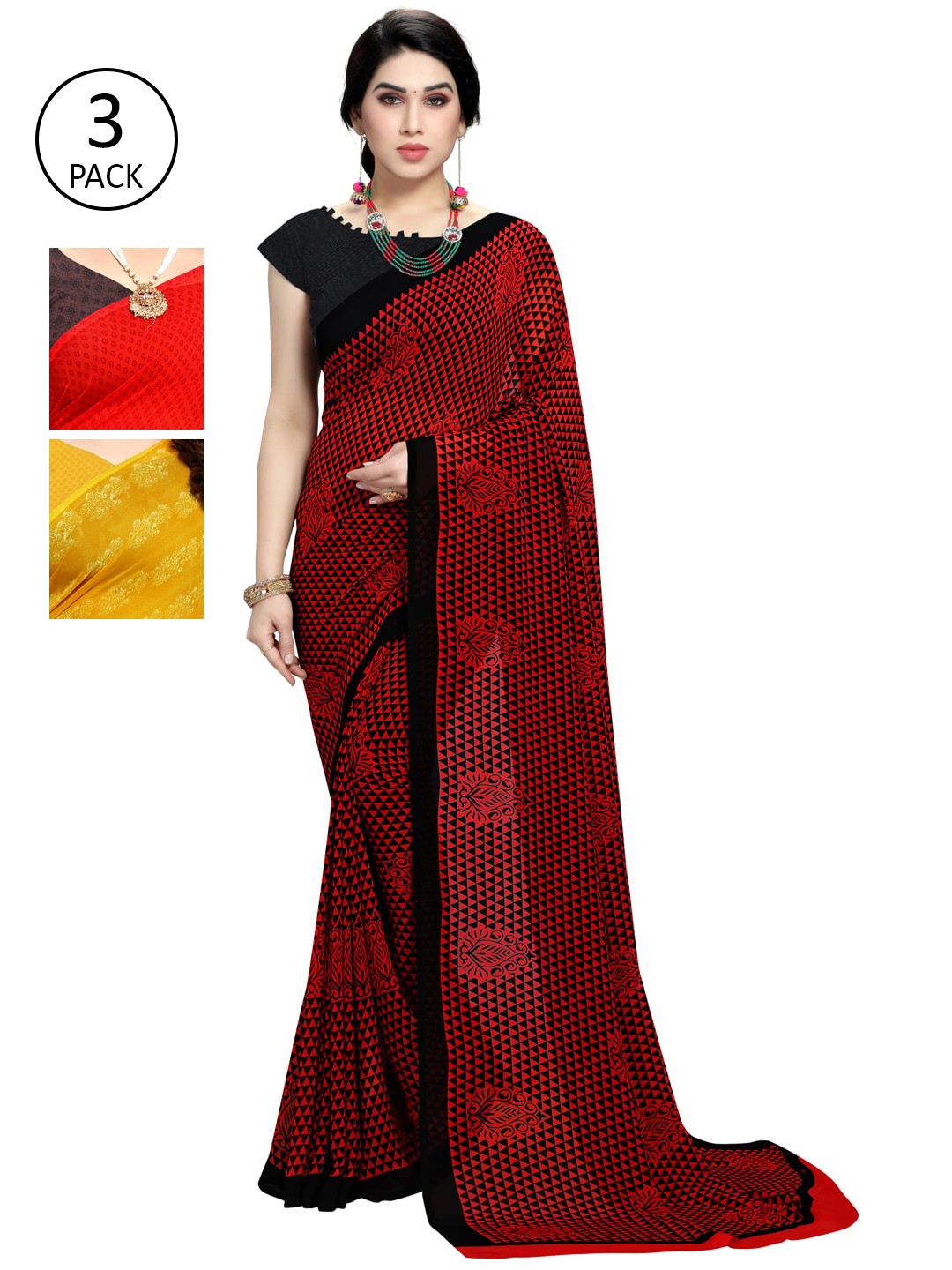 

KALINI Pack of 3 Poly Georgette Sarees, Red