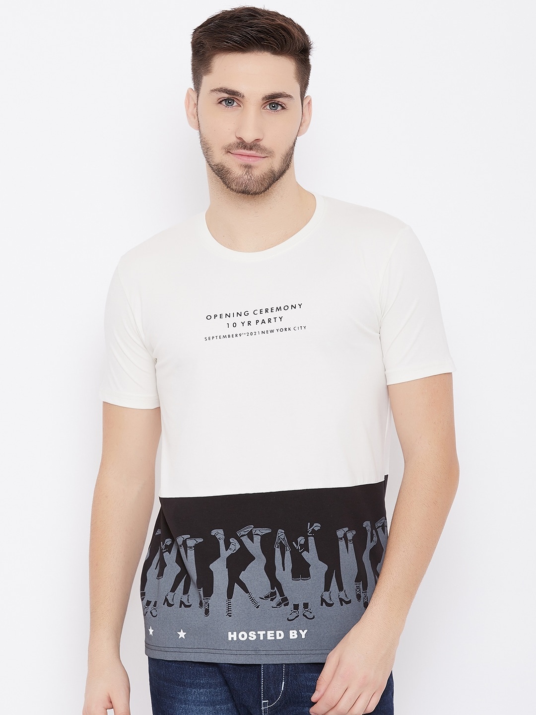 

Duke Men Black & White Colourblocked Slim Fit Cotton T-shirt