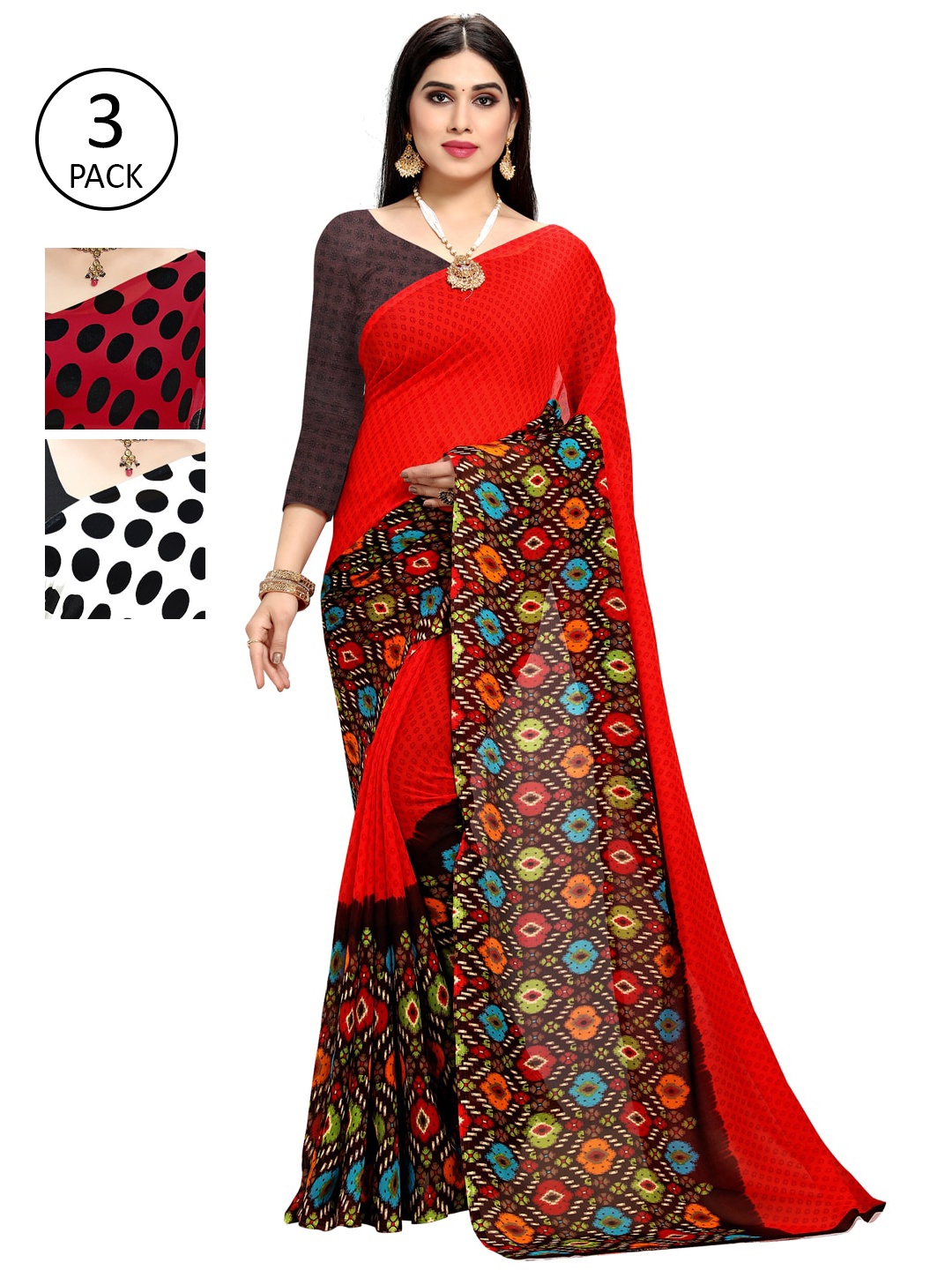 

KALINI Pack of 3 Printed Sarees, Red