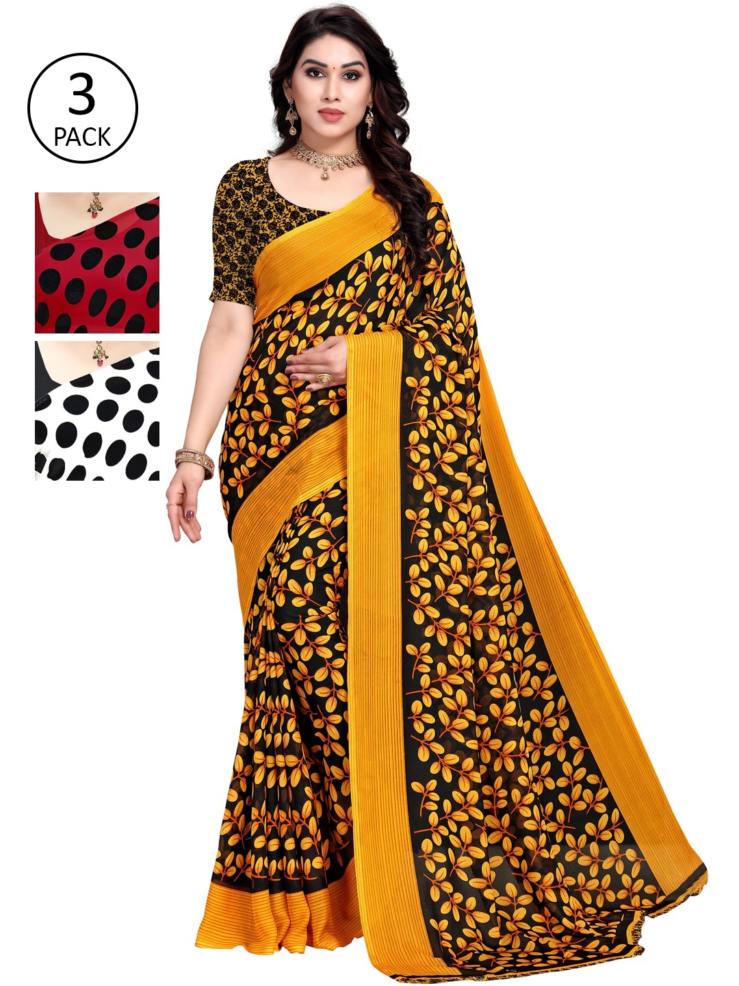

KALINI Pack of 3 Printed Sarees, Red