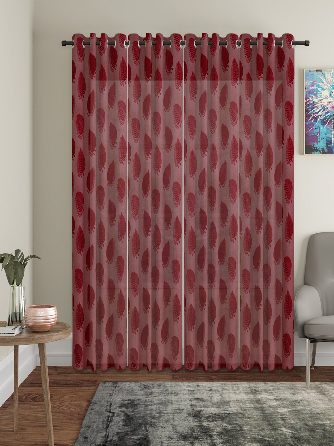 HOSTA HOMES Maroon Set of 4 Floral Window Curtain
