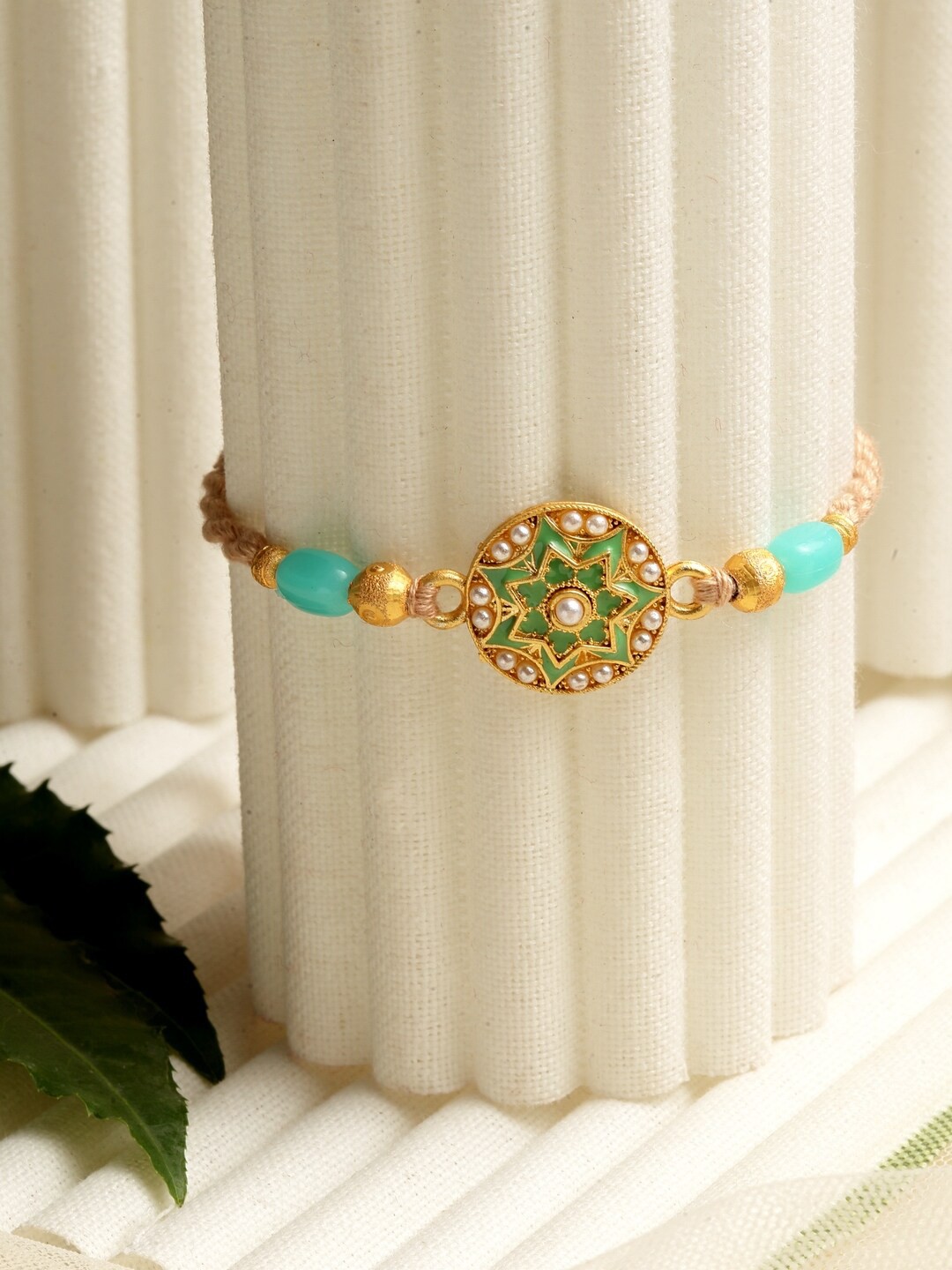 PANASH Gold-Toned Stone-Studded Beaded Rakhi With Roli Chawal
