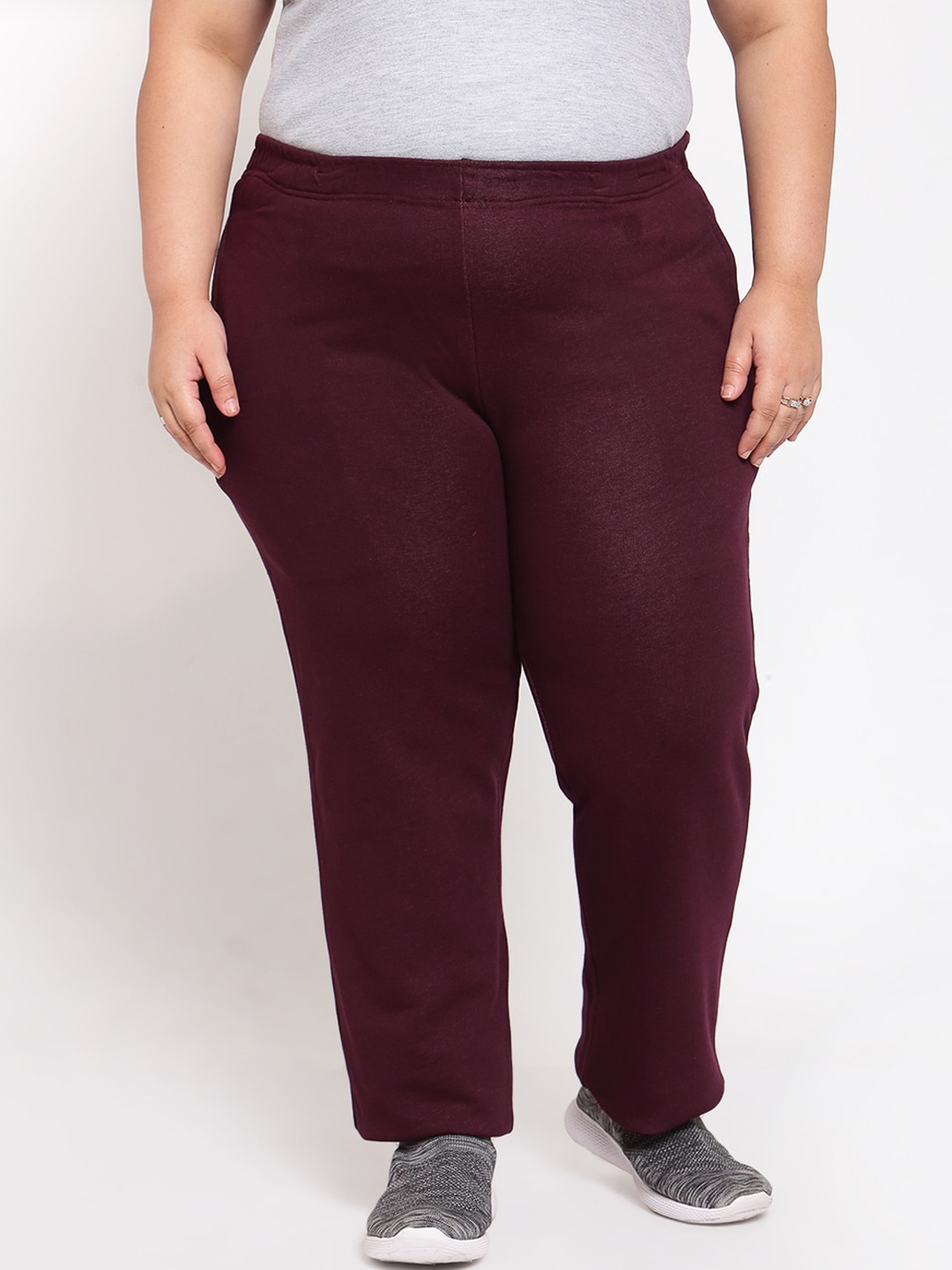 plusS Women Burgundy Straight-Fit Cotton Track Pants