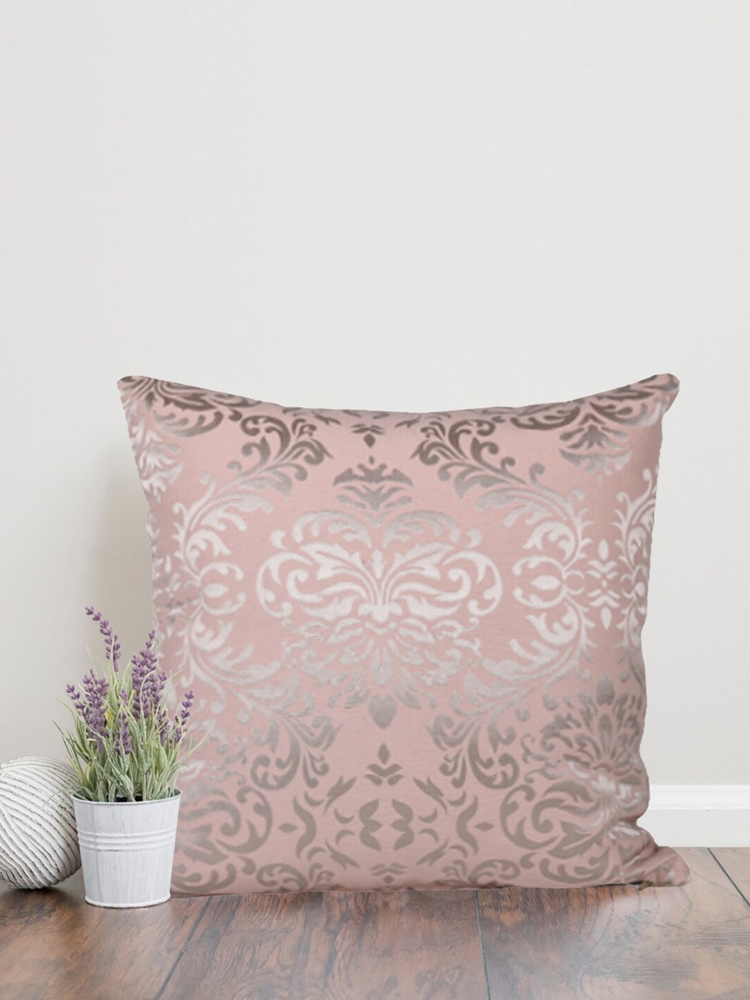 

Home Pink & Silver Toned Ethnic Motifs Cotton Square Cushion Cover