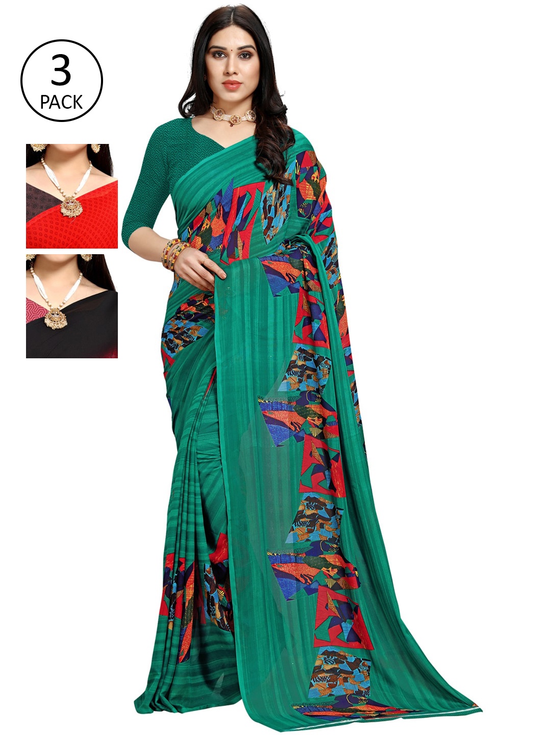 

KALINI Women Pack of 3 Multicolor Poly Georgette Printed Saree, Red