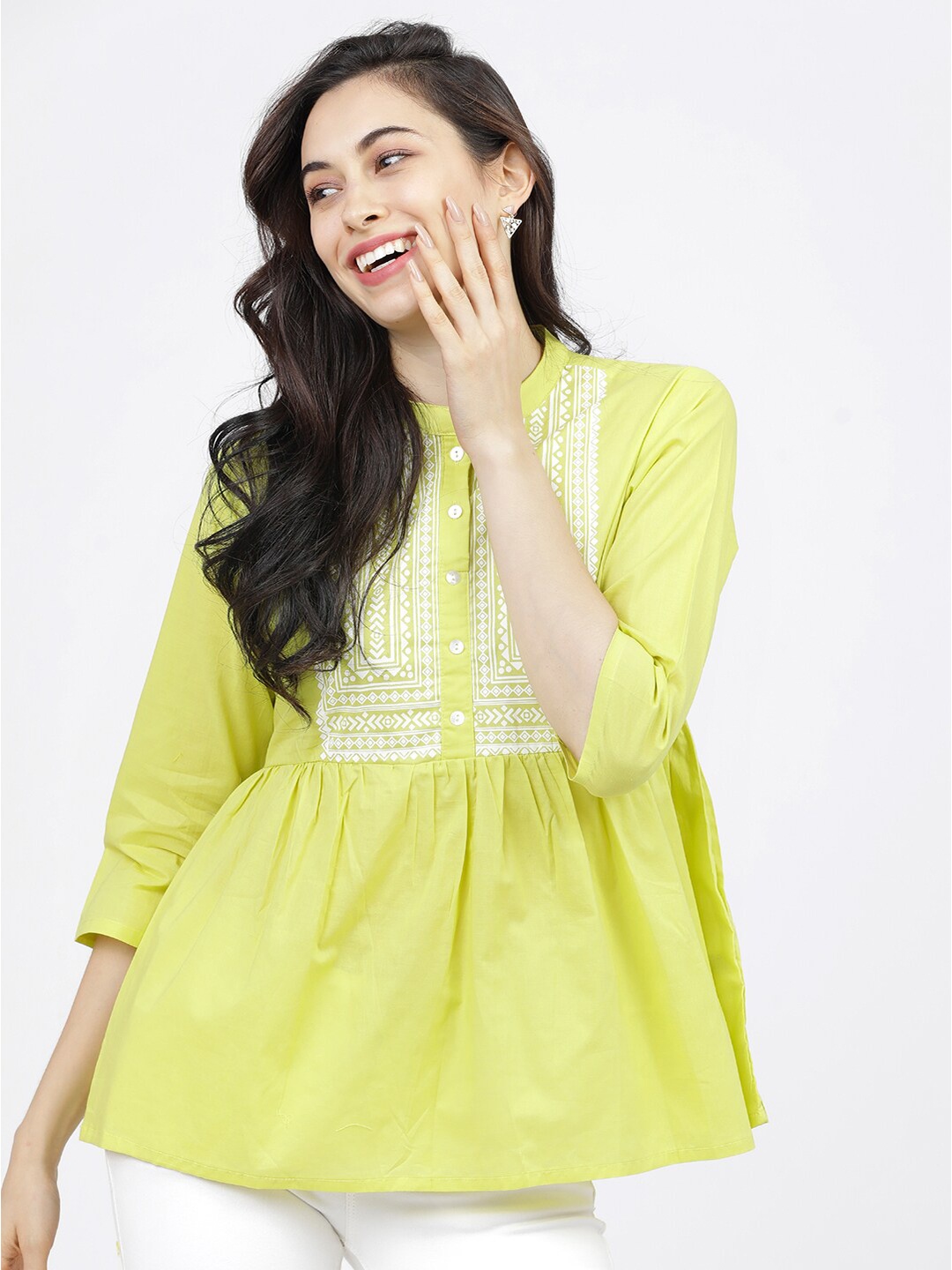 

Vishudh Lime Green & White Geometric Mandarin Collar Pure Cotton Cinched Waist Top