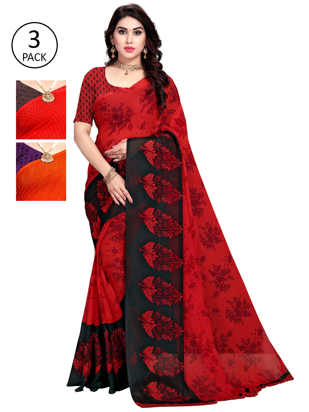 

KALINI Pack Of 3 Printed Poly Georgette Sarees, Red