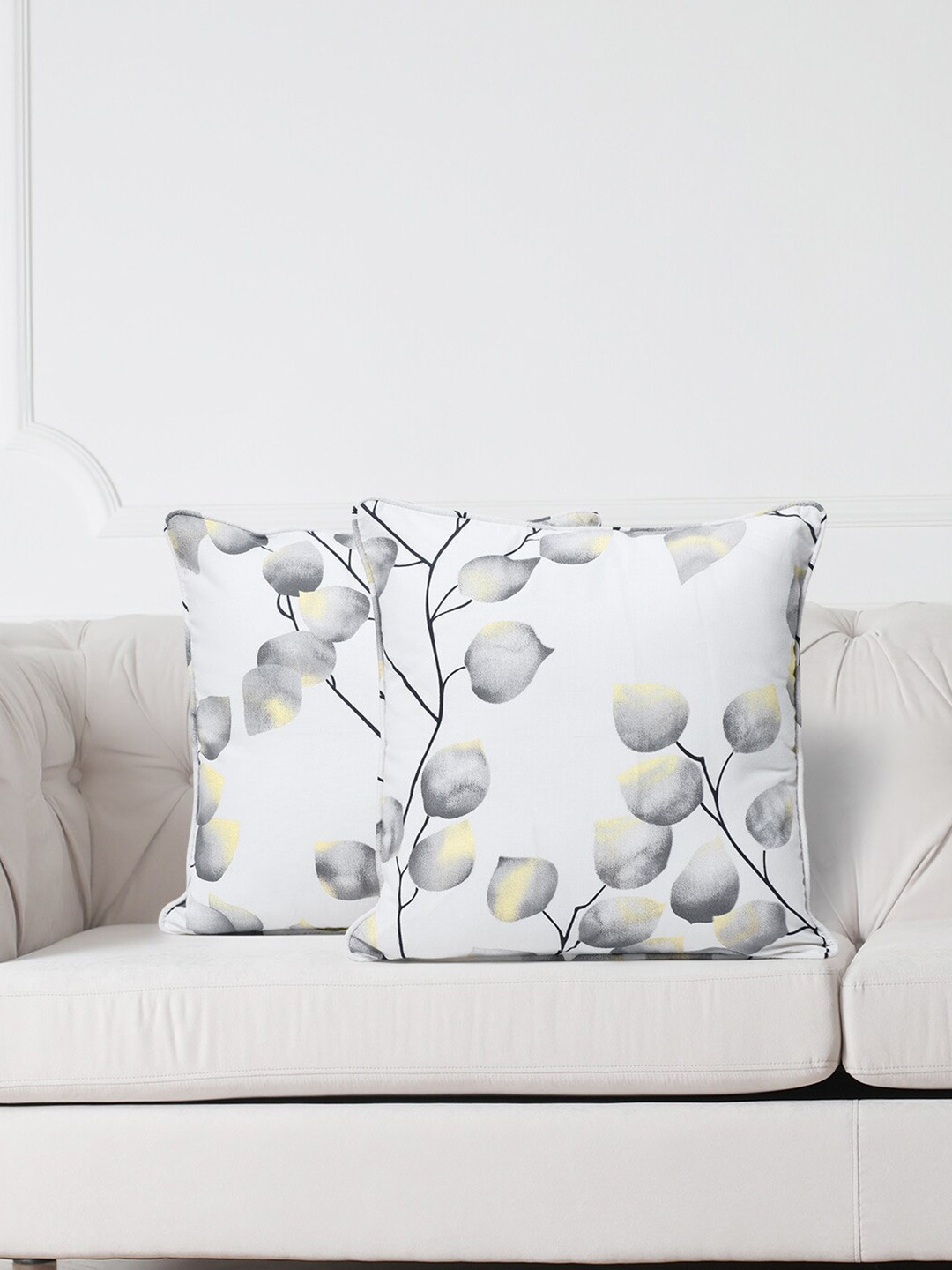 

SWAYAM White & Grey Set of 2 Floral Square Cushion Covers
