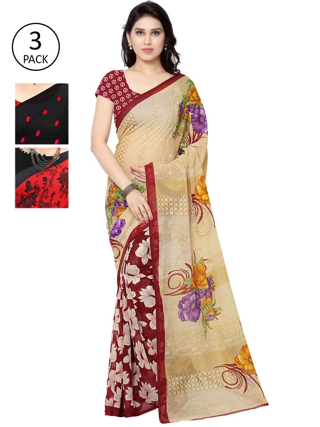 

KALINI Multicolour Printed Poly Georgette Daily Wear Sarees-Pack of 3, Red