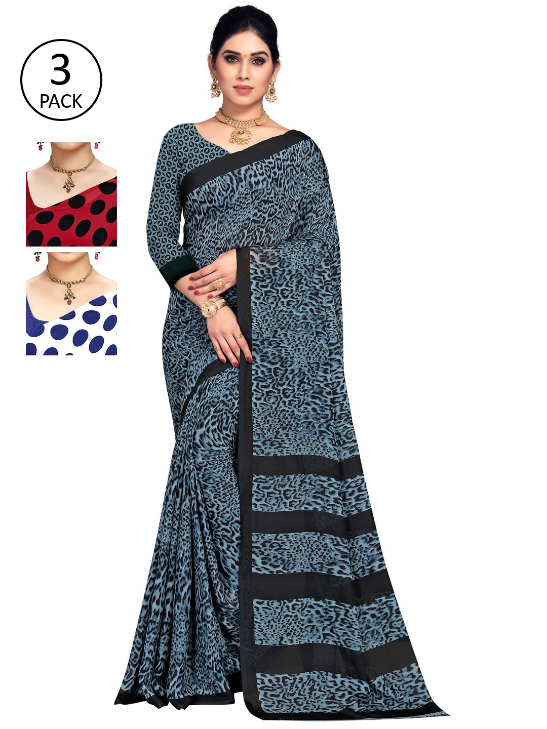 

KALINI Multicolor Georgette Printed Daily Wear Saree With Unstitched Blouse(Pack of 3), Grey