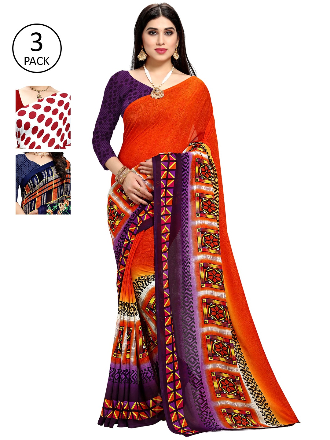 

KALINI Pack Of 3 Printed Poly Georgette Sarees, Red