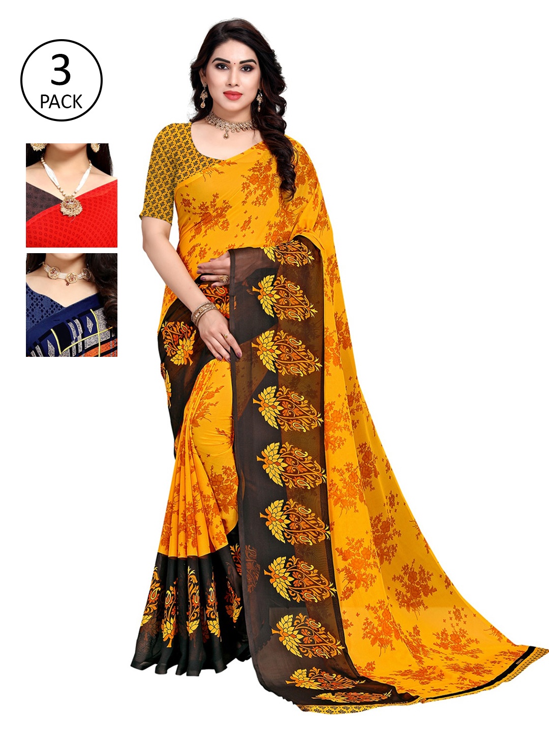 

KALINI Pack of 3 Poly Georgette Sarees, Red